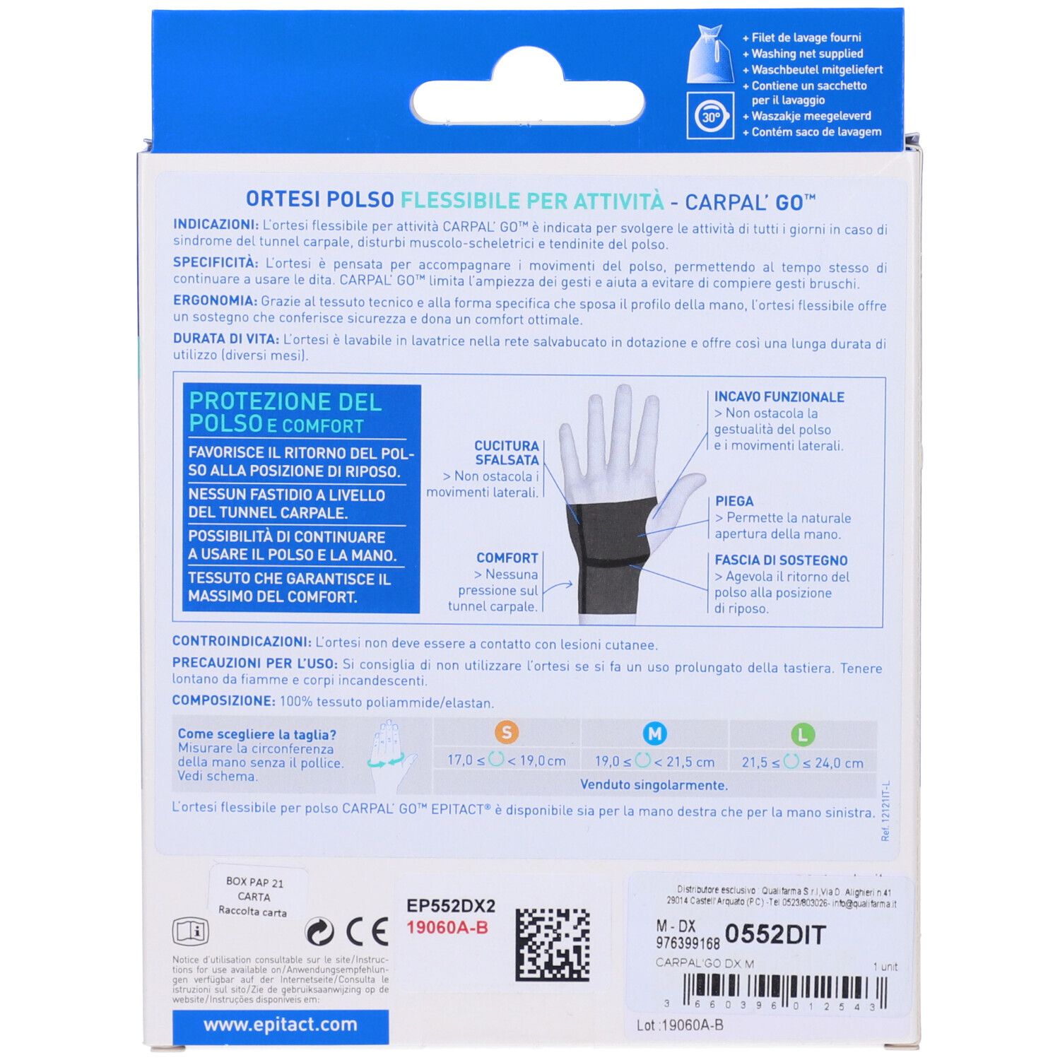 Rückseite der Epitact Carpal'Go Destro Taglia M Verpackung. Text, Produktabbildung, Größenangaben und CE-Kennzeichnung.