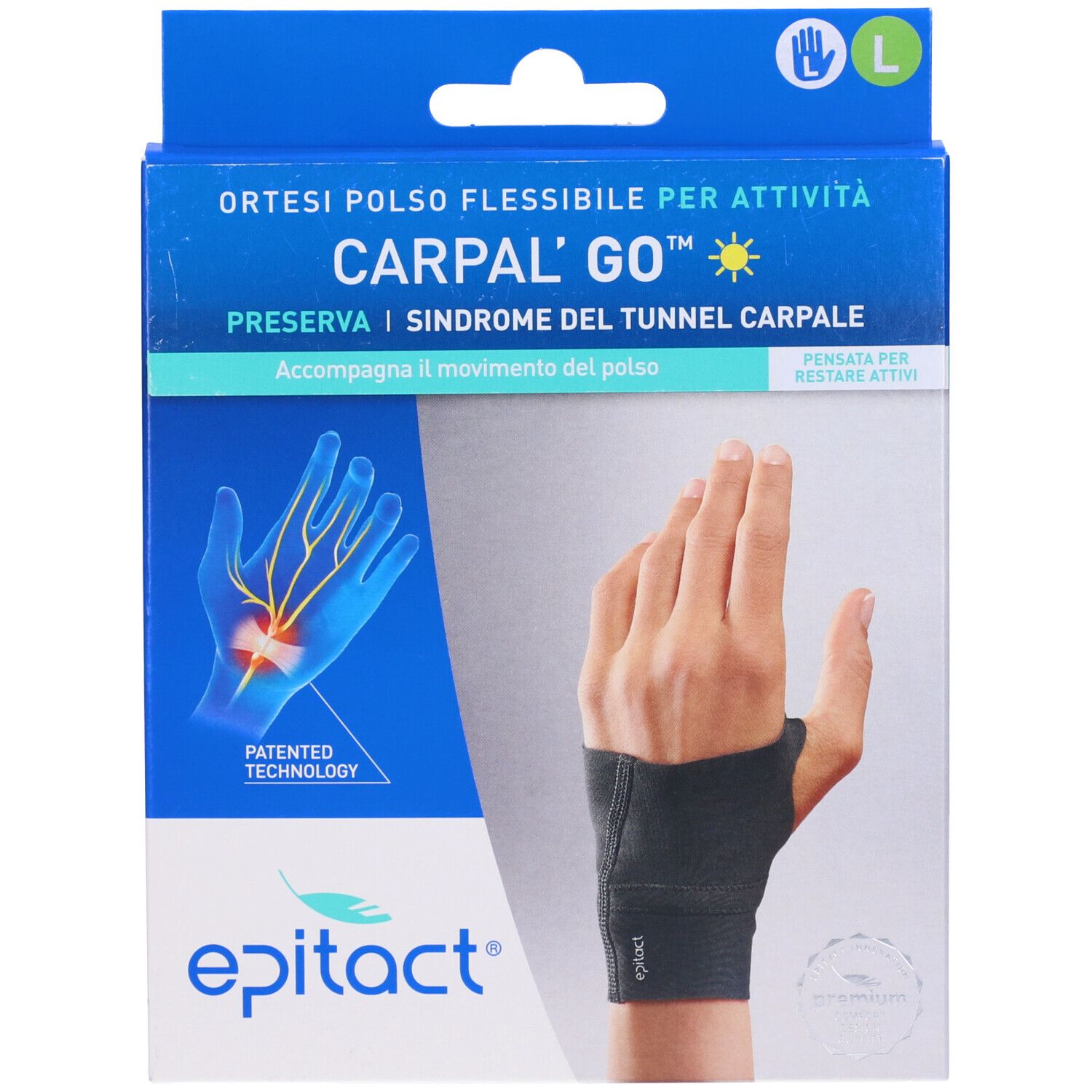 Confezione Carpal'Go taglia L. Scatola blu con immagine del prodotto e mano. Marchio: Epitact, Carpal'Go.