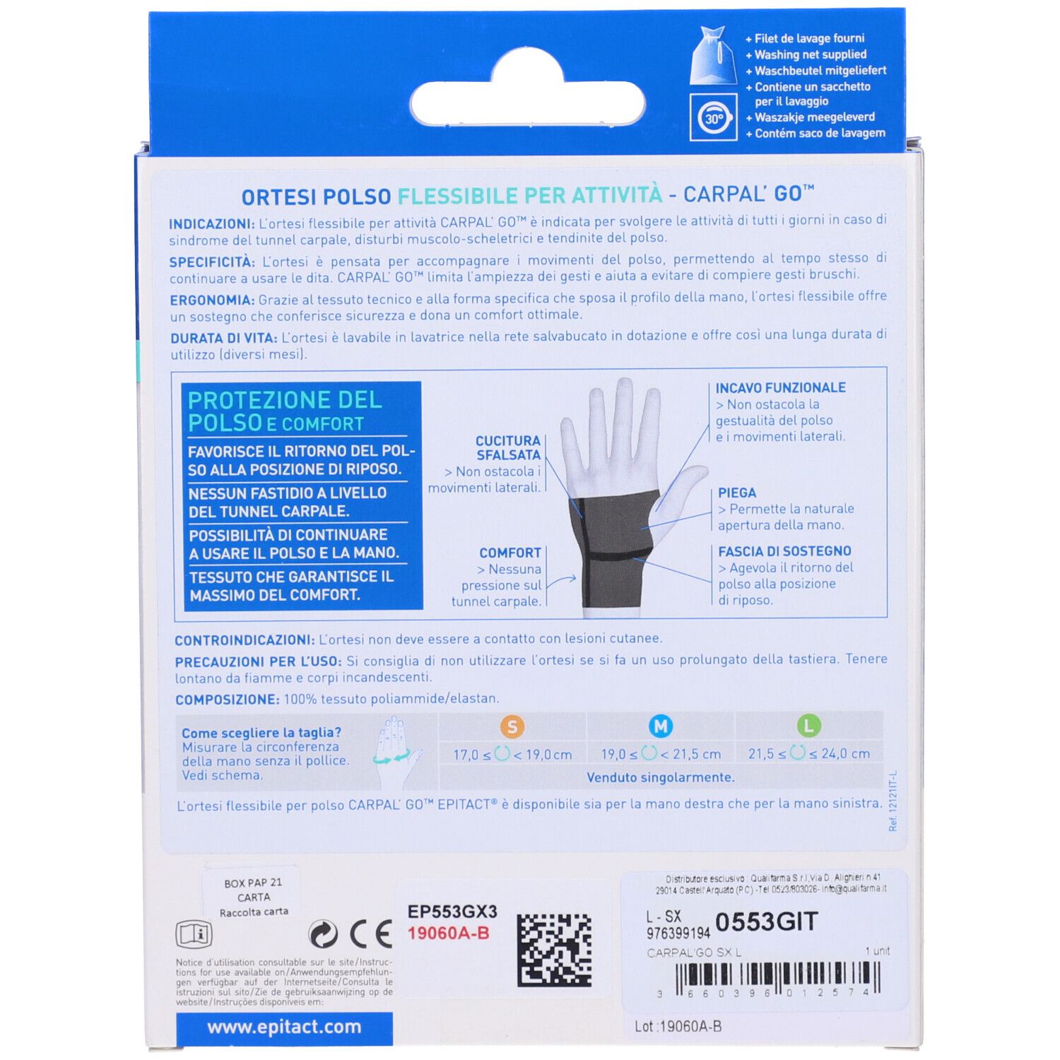 Retro confezione Carpal'Go. Testo in italiano. Taglie: S, M, L. Logo Epitact e marchio CE.