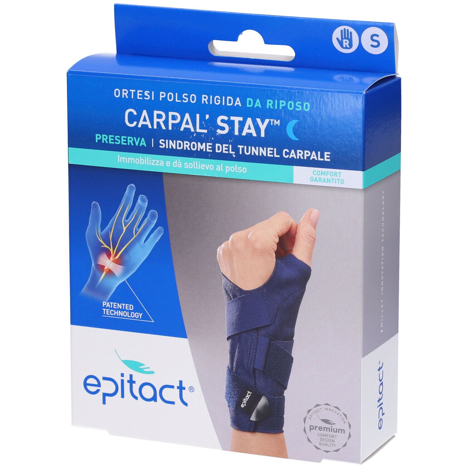 Confezione Epitact Carpal'Stay Destro Taglia S. Scatola blu con tutore per polso. Testo: Carpal'Stay, Epitact.