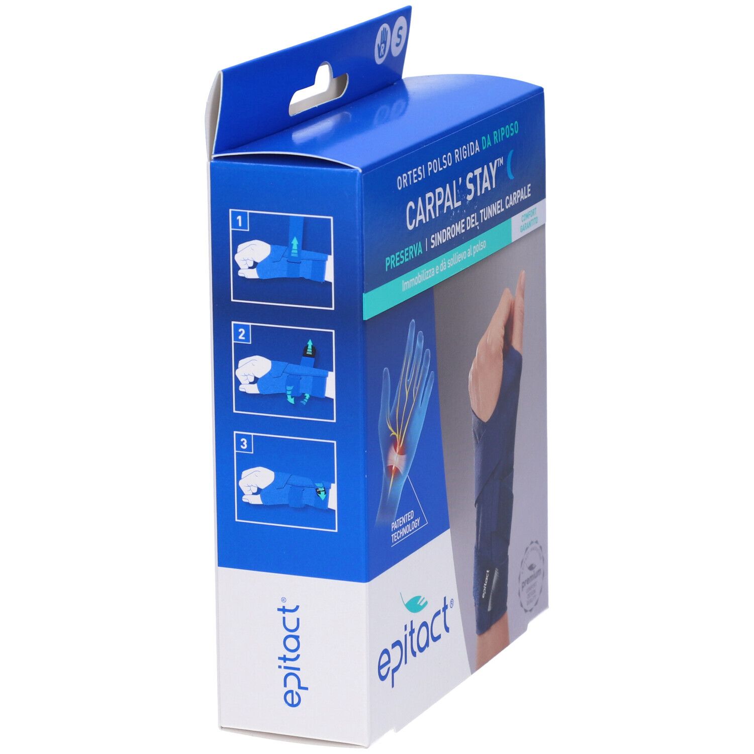 Confezione Epitact Carpal'Stay Destro Taglia S. Scatola blu con istruzioni e immagine del prodotto.