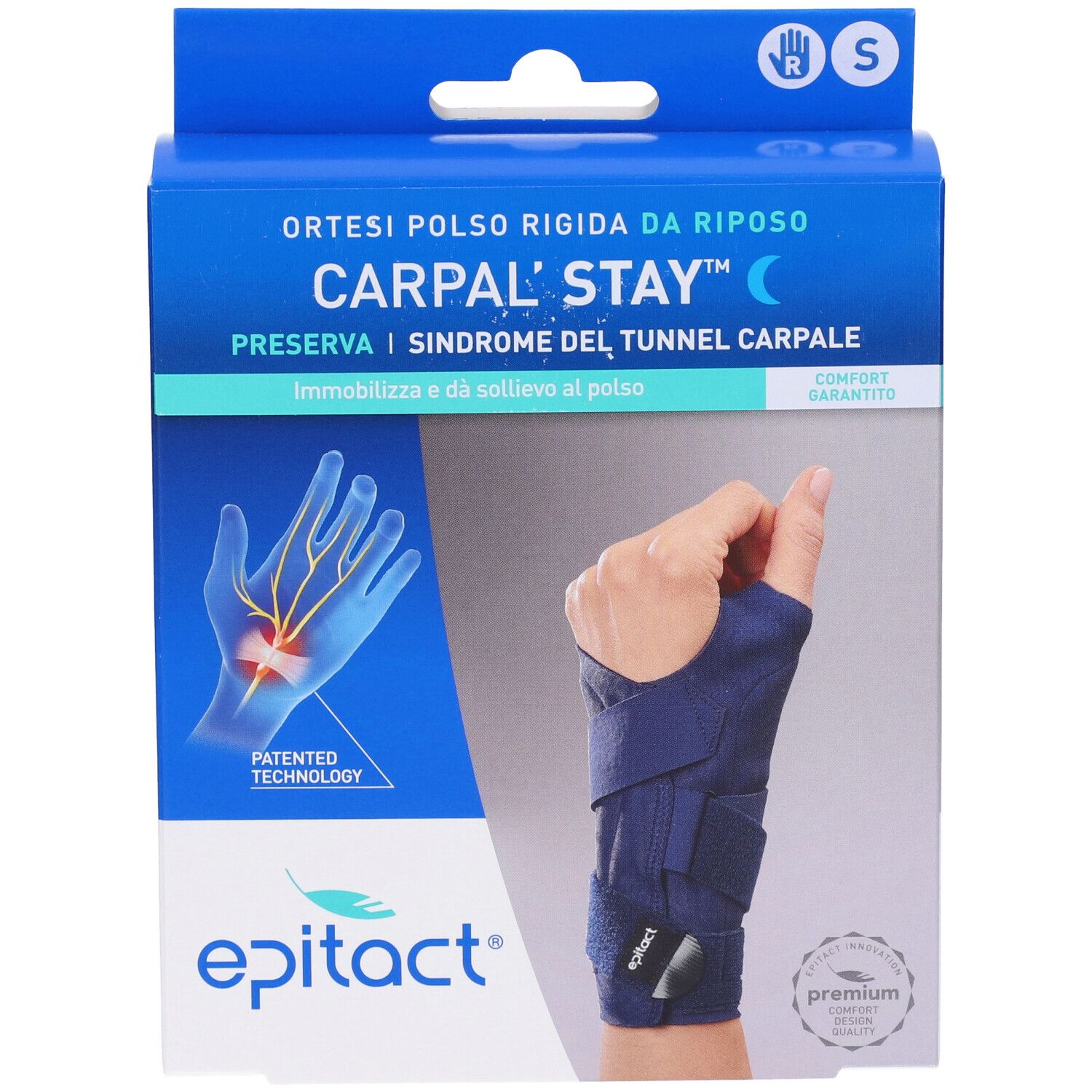 Confezione Epitact Carpal'Stay Destro Taglia S. Scatola blu con tutore per polso. Testo: Carpal'Stay, Epitact.