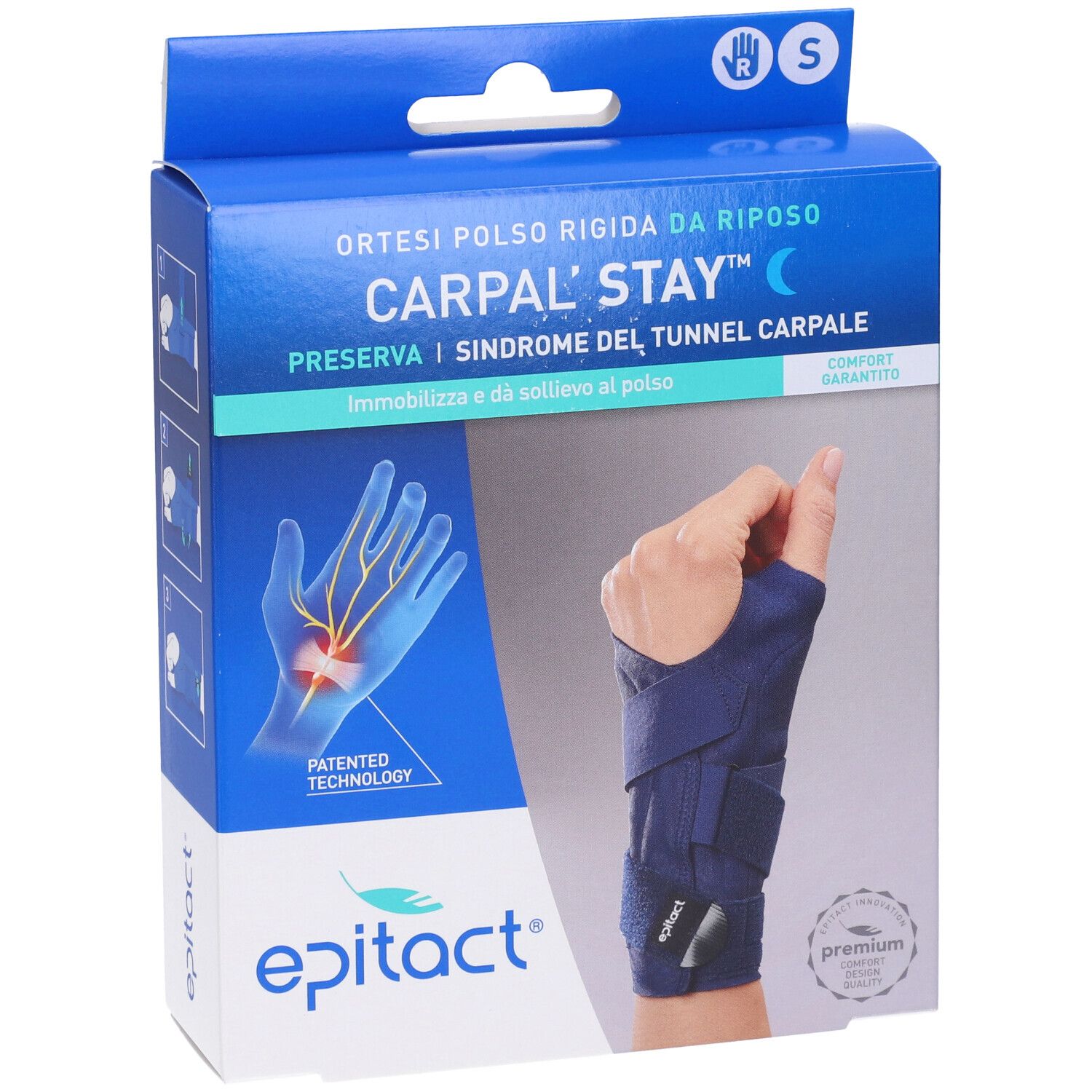 Confezione Epitact Carpal'Stay Destro Taglia S. Scatola blu con tutore per polso. Testo: Carpal'Stay, Epitact.