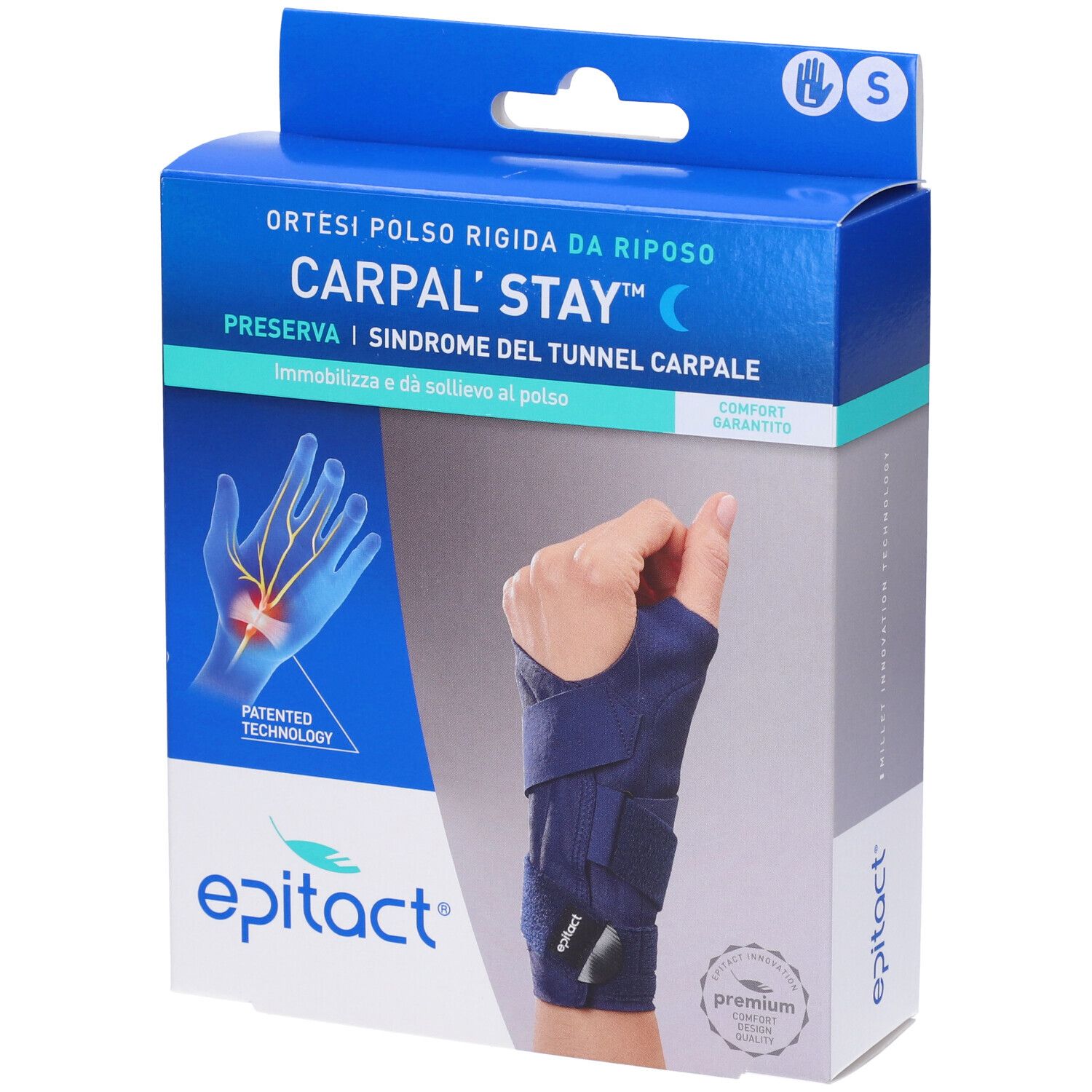 Blau-weiße Verpackung mit Handgelenkstütze. Text: Carpal'Stay, Epitact. Größe S. Zeigt Hand mit Stütze.