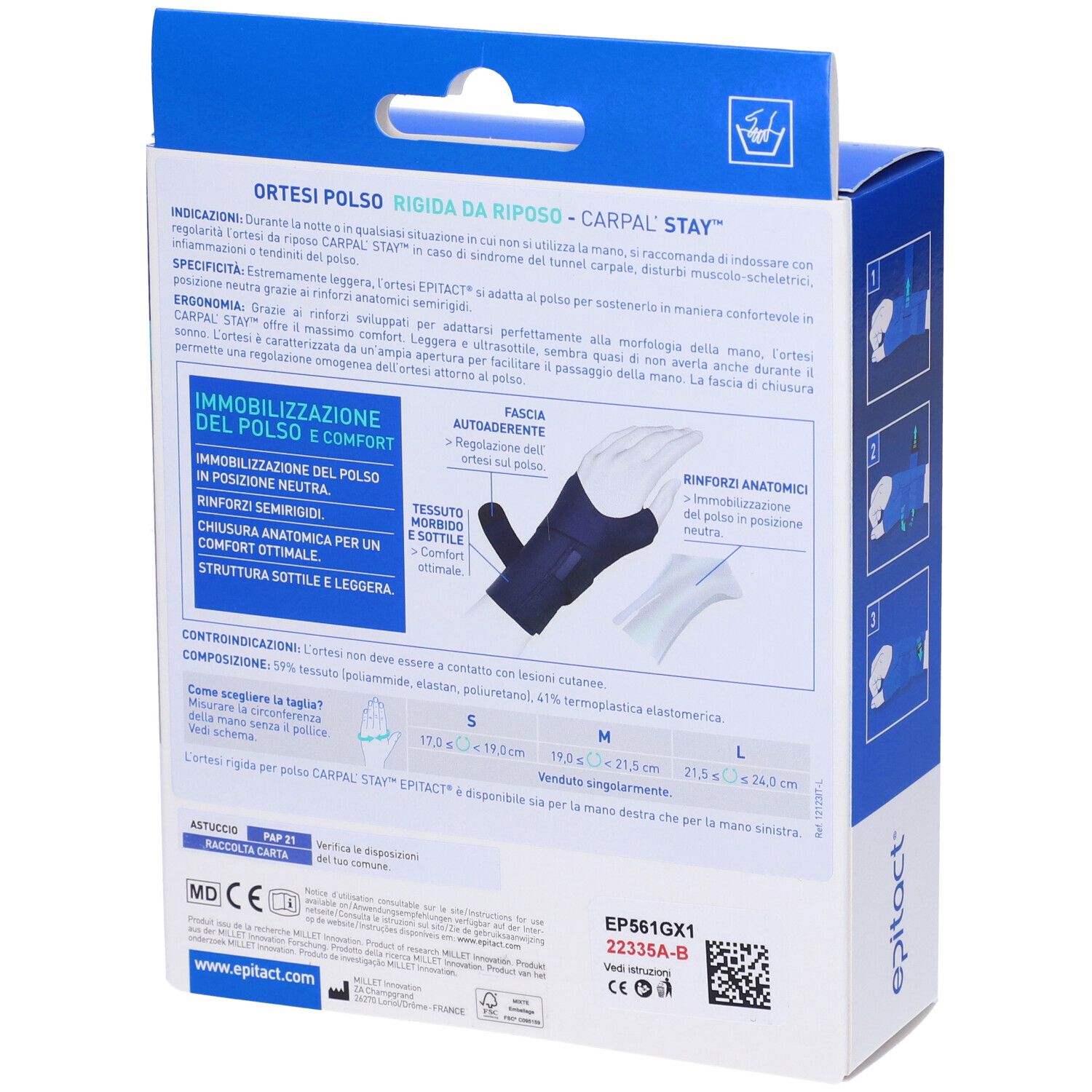 Rückseite der Verpackung. Text: Carpal'Stay, Epitact. Enthält Informationen zur Anwendung und Zusammensetzung.