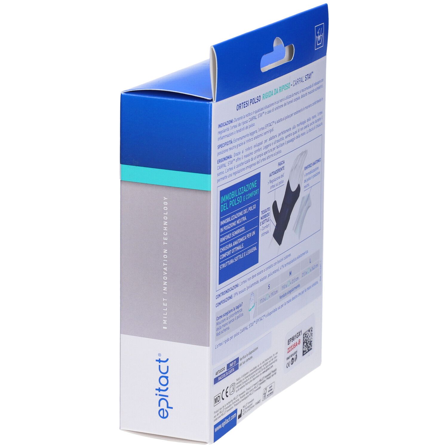 Blaue Verpackung, Seitenansicht. Text: Epitact. Informationen zur Anwendung und Marke.