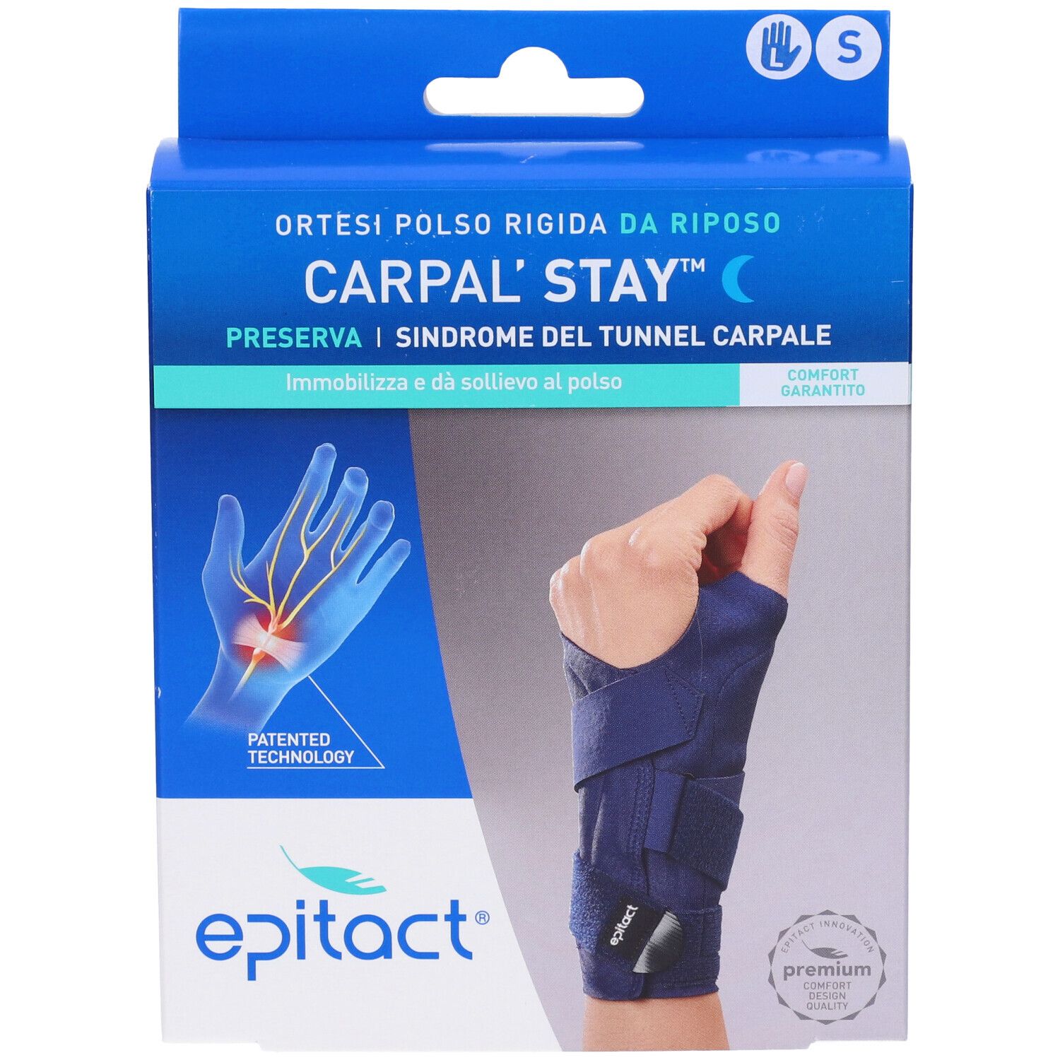 Blaue Verpackung mit Handgelenkstütze. Text: Carpal'Stay, Epitact. Größe S. Zeigt Hand mit Stütze.