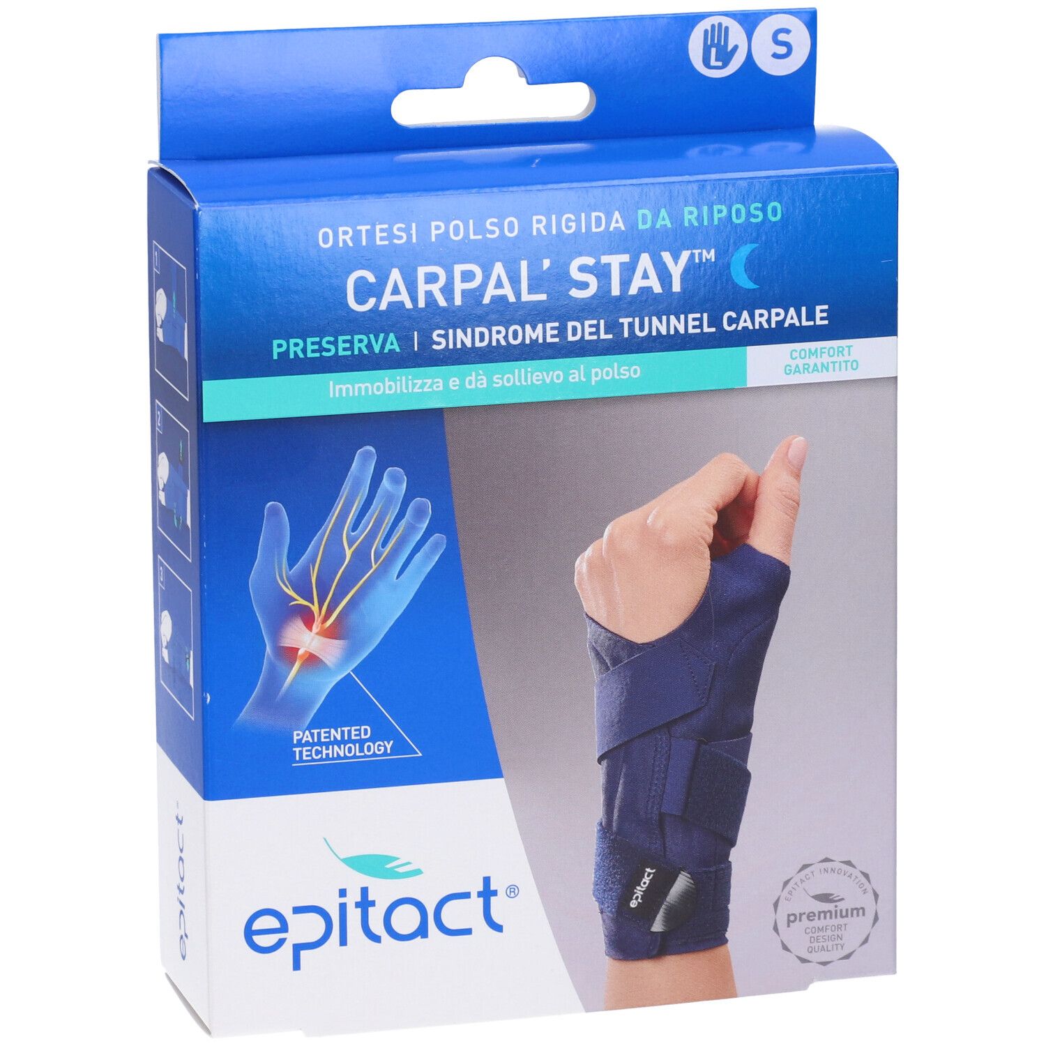 Blaue Verpackung mit Handgelenkstütze. Text: Carpal'Stay, Epitact. Größe S. Zeigt Hand mit Stütze.