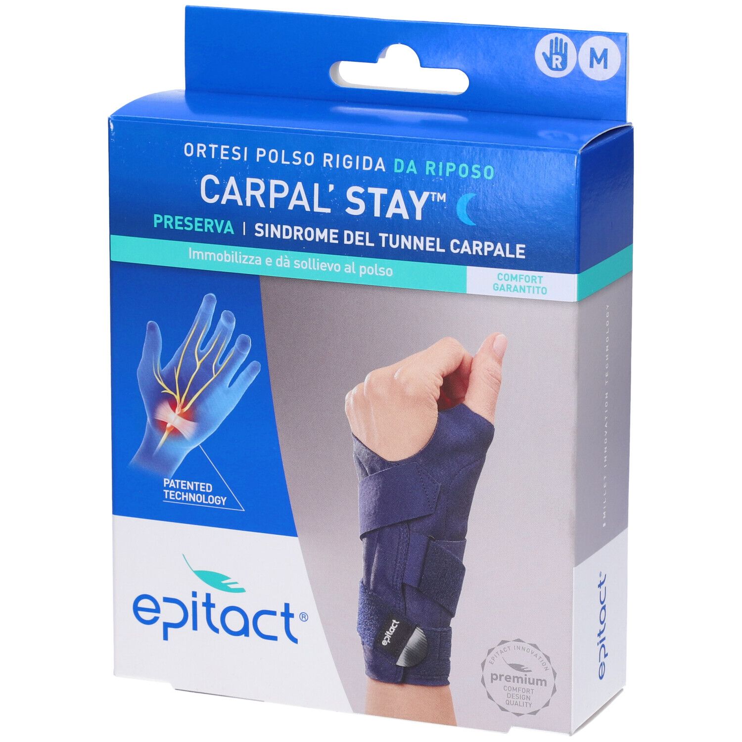 Confezione Epitact Carpal'Stay. Tutore polso blu, taglia M. Immagine prodotto e testo descrittivo.