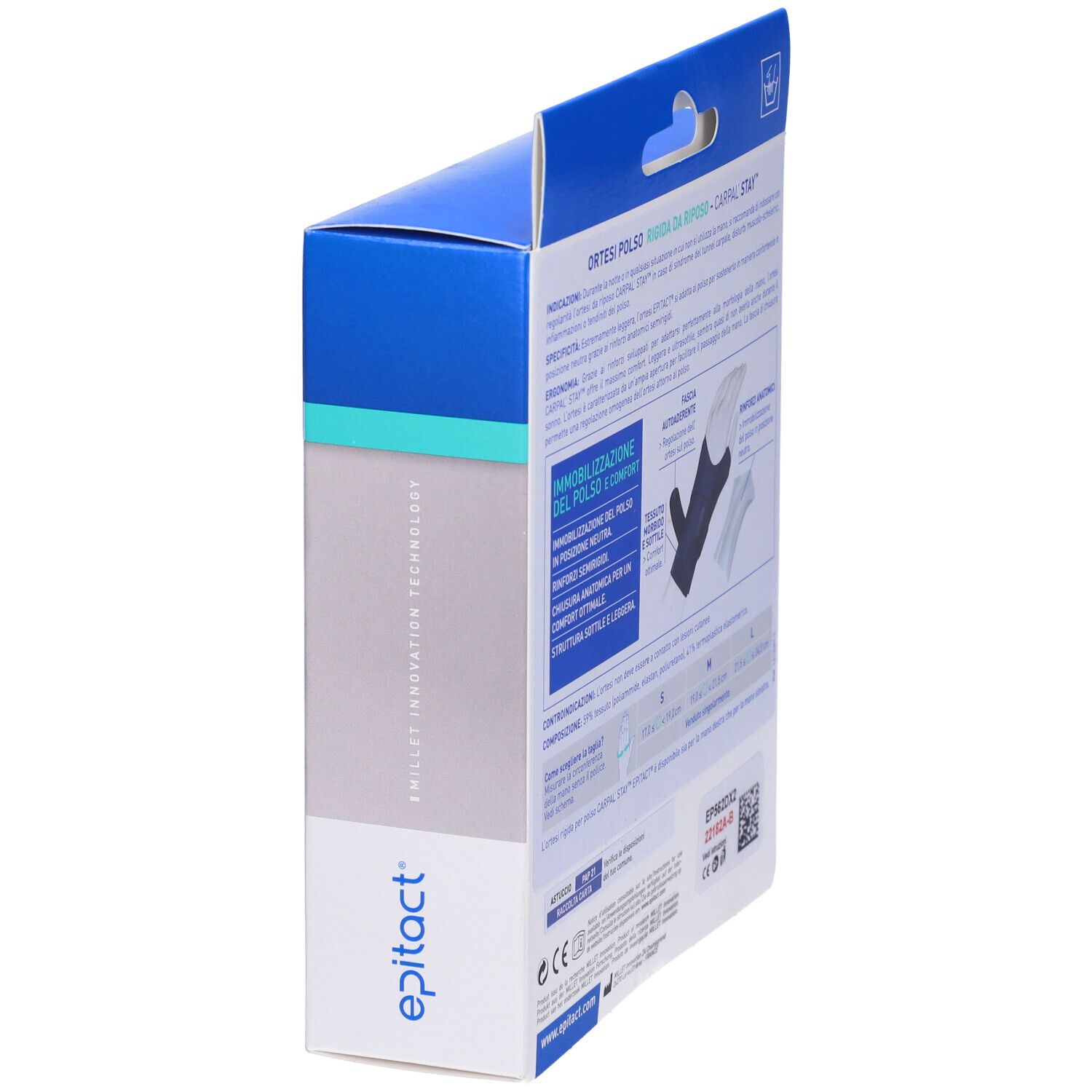 Confezione Epitact Carpal'Stay. Vista laterale con nome prodotto e logo. Scatola blu.