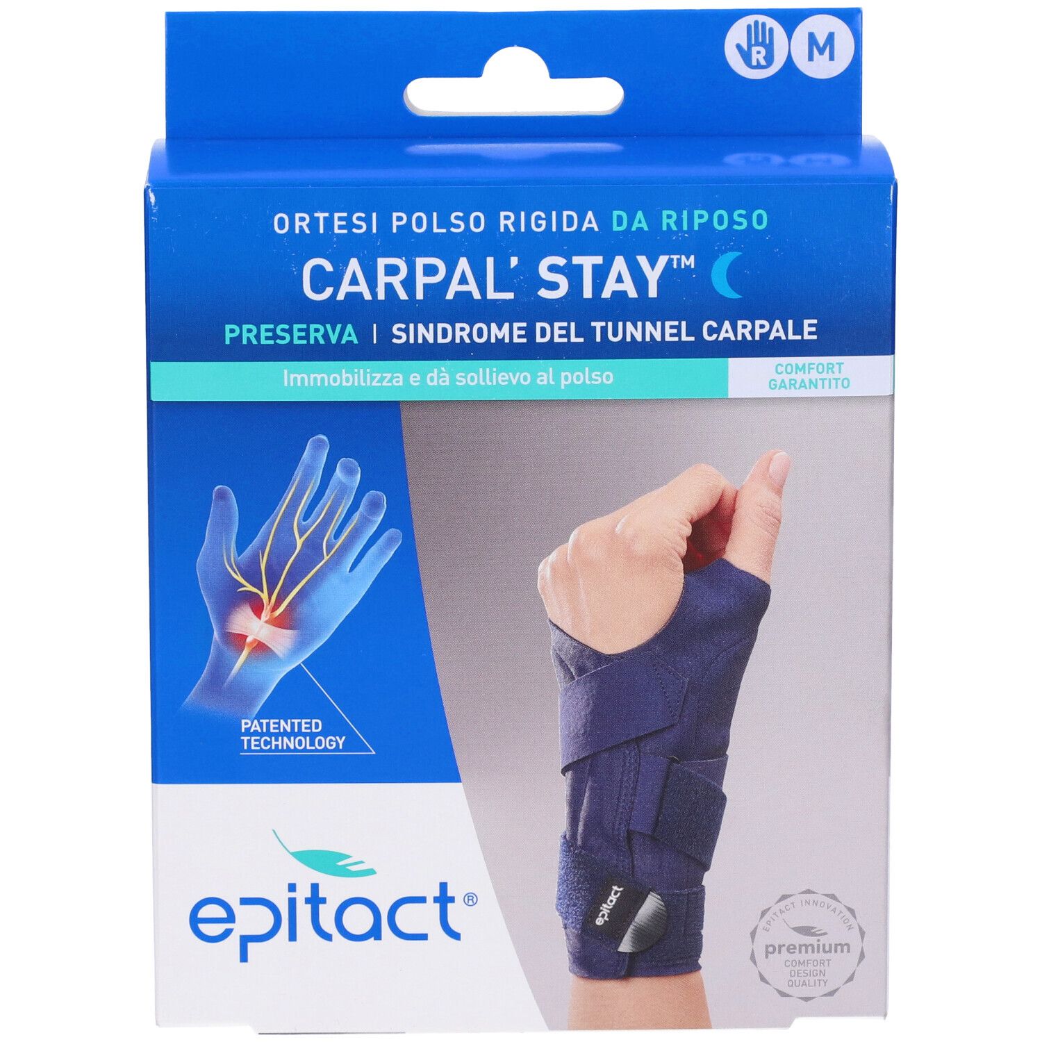 Tutore polso Epitact Carpal'Stay nella confezione. Scatola blu, taglia M. Illustrazione.