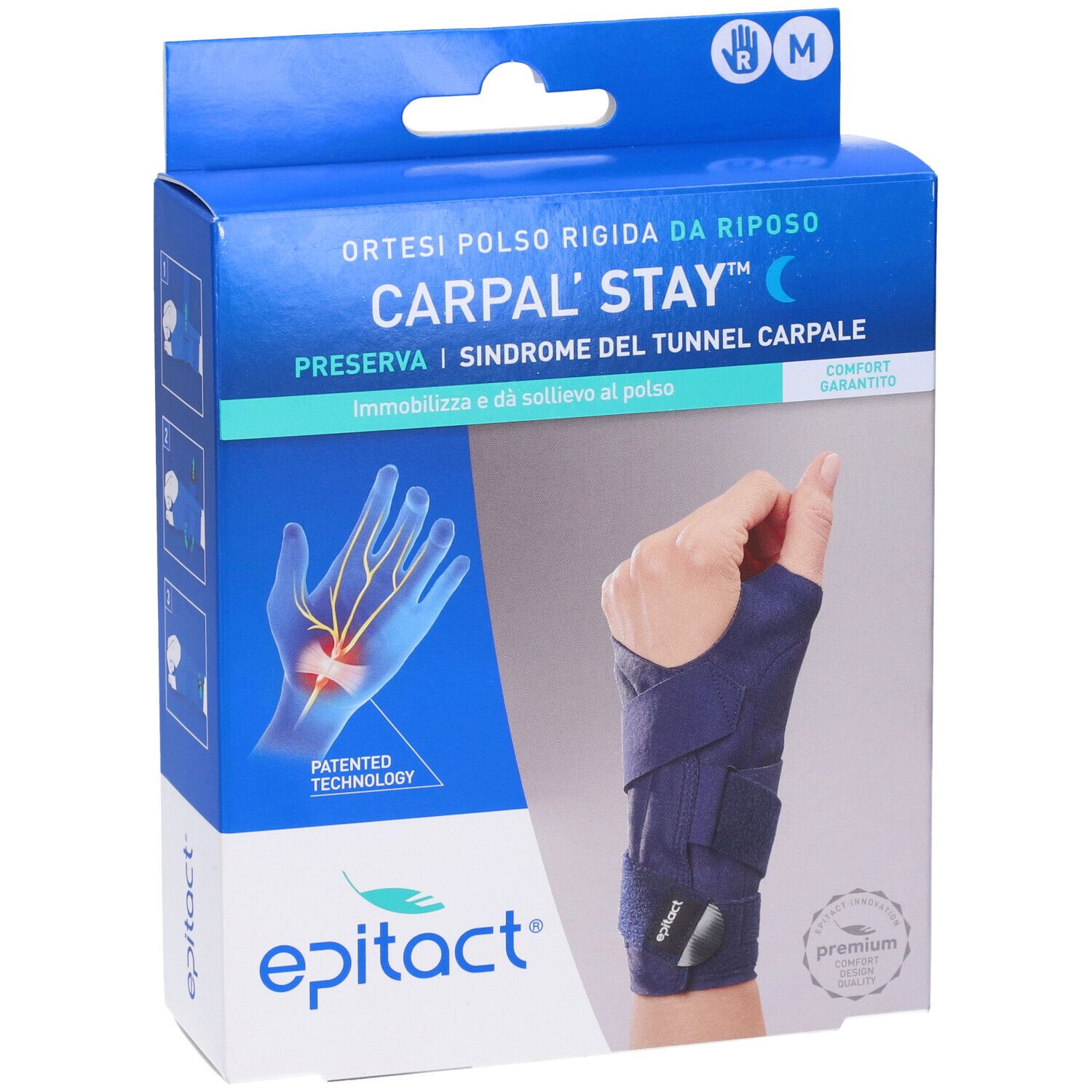 Tutore polso Epitact Carpal'Stay nella confezione. Scatola blu, taglia M. Illustrazione.