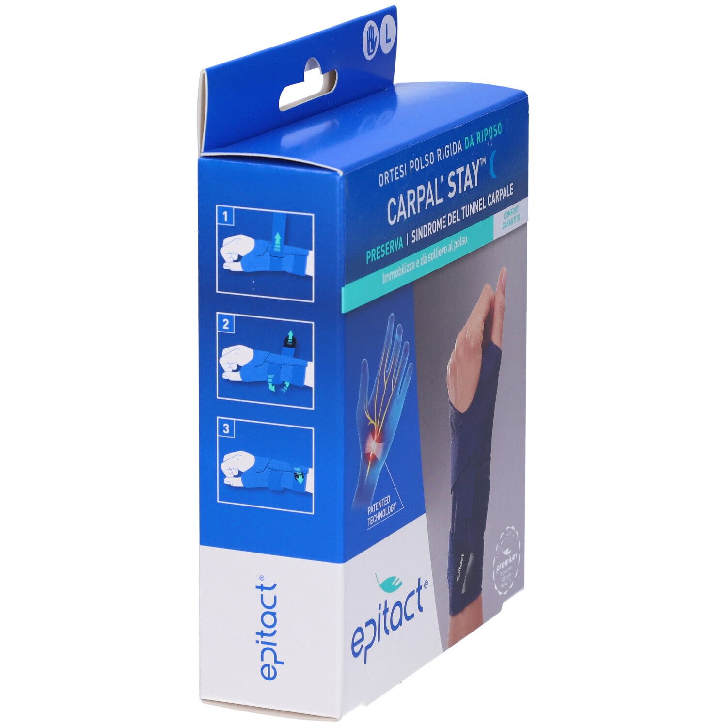 Blaue Verpackung. Carpal'Stay Handgelenkstütze. Epitact Logo. Illustrationen der Handgelenkstütze und Anwendung.