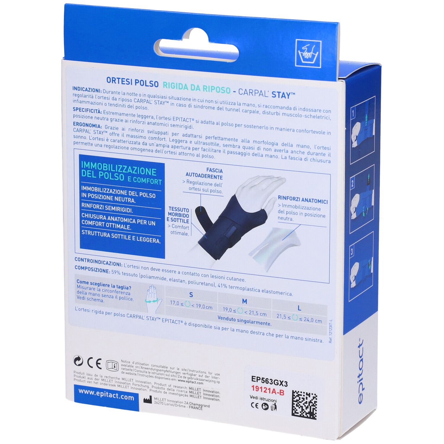 Rückseite der Verpackung. Carpal'Stay Handgelenkstütze. Produktinformationen, Illustrationen und Größenangaben.