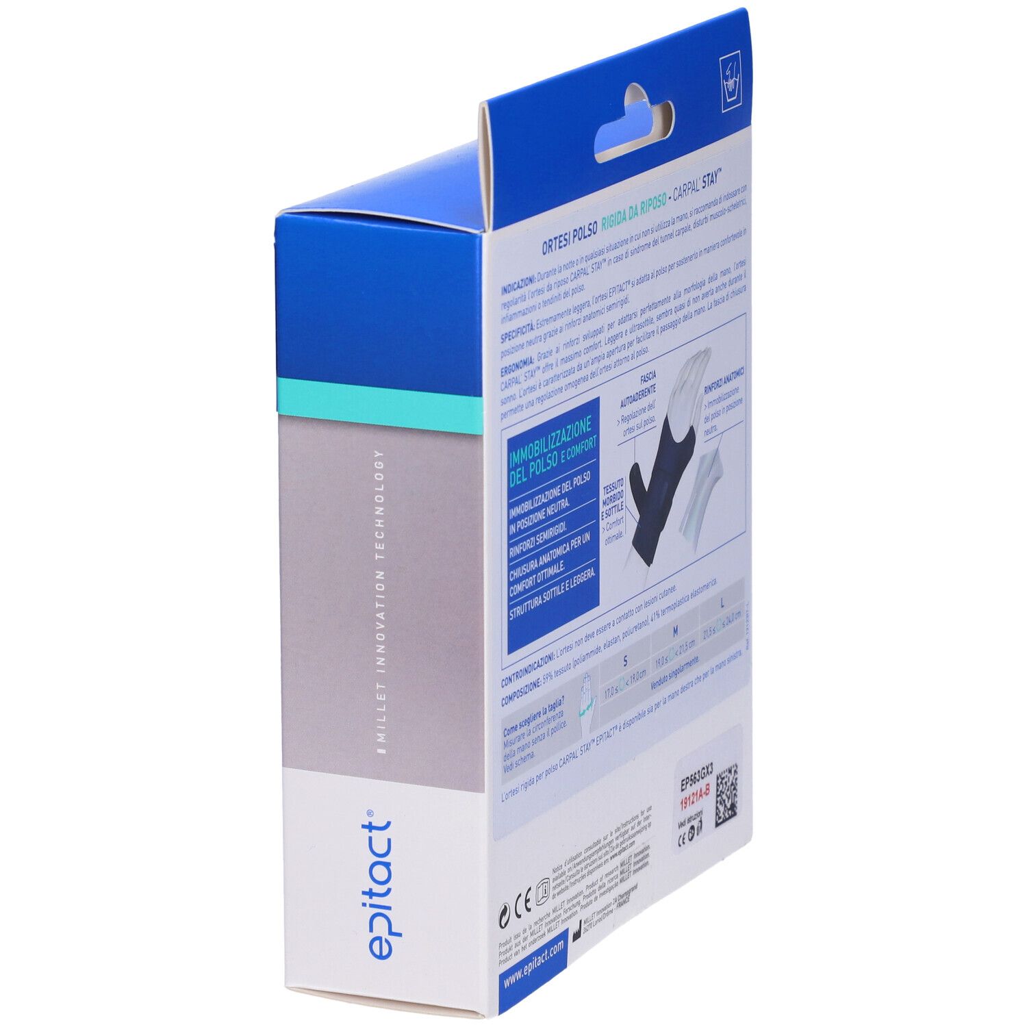Blaue Verpackung. Carpal'Stay Handgelenkstütze. Epitact Logo. Produktinformationen und Illustrationen.