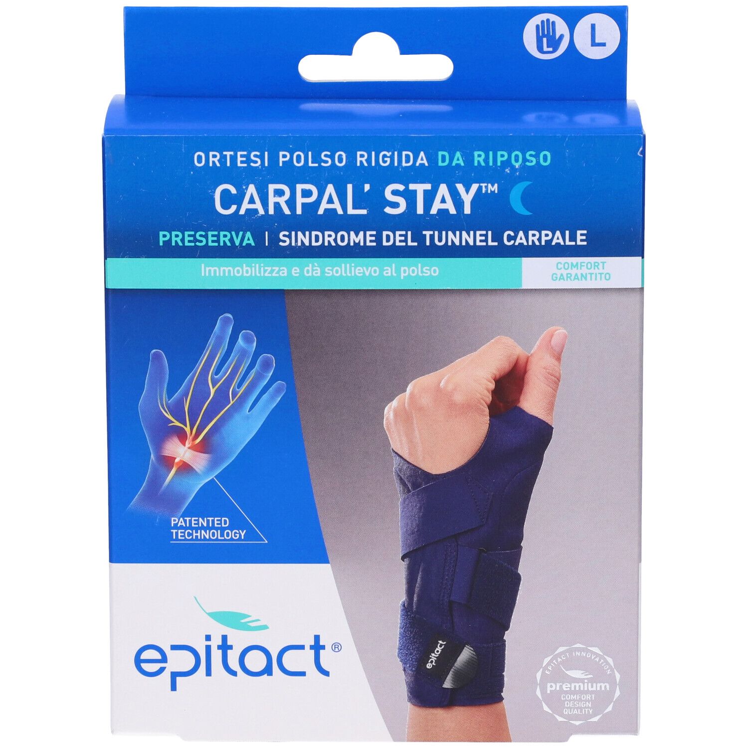Blau-weiße Verpackung. Carpal'Stay Handgelenkstütze, Größe L. Epitact Logo. Hand mit Stütze abgebildet.