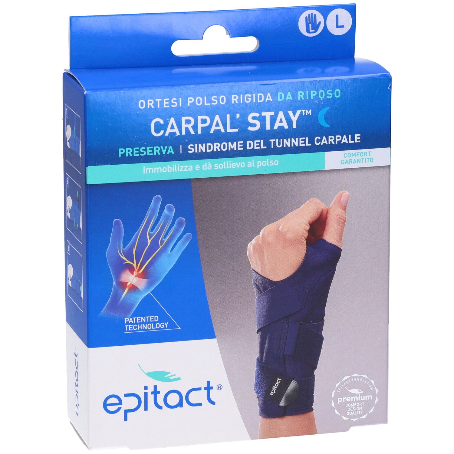 Blau-weiße Verpackung. Carpal'Stay Handgelenkstütze, Größe L. Epitact Logo. Hand mit Stütze abgebildet.