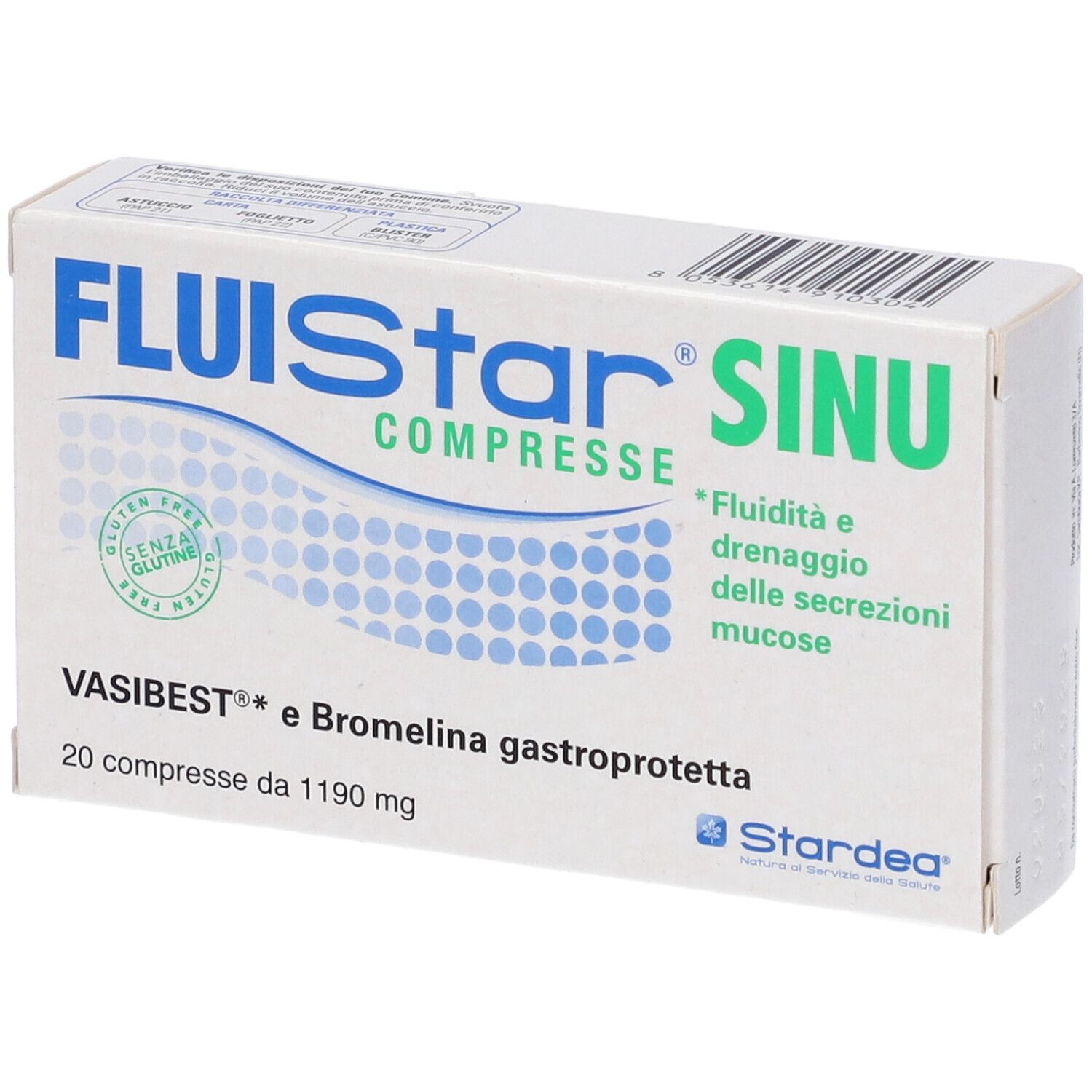 Scatola di "Fluistar Sinu Compresse". Contiene 20 compresse. Sigillo senza glutine.