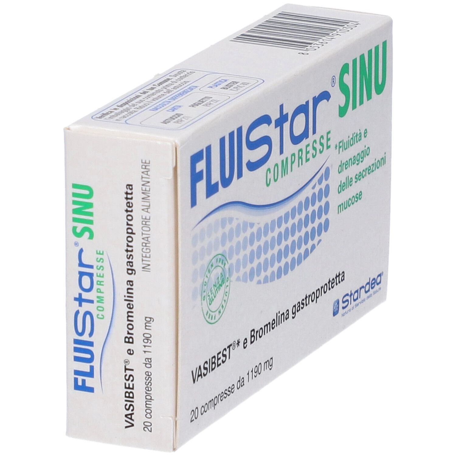 Scatola "Fluistar Sinu Compresse" in prospettiva. Contiene 20 compresse. Senza glutine.