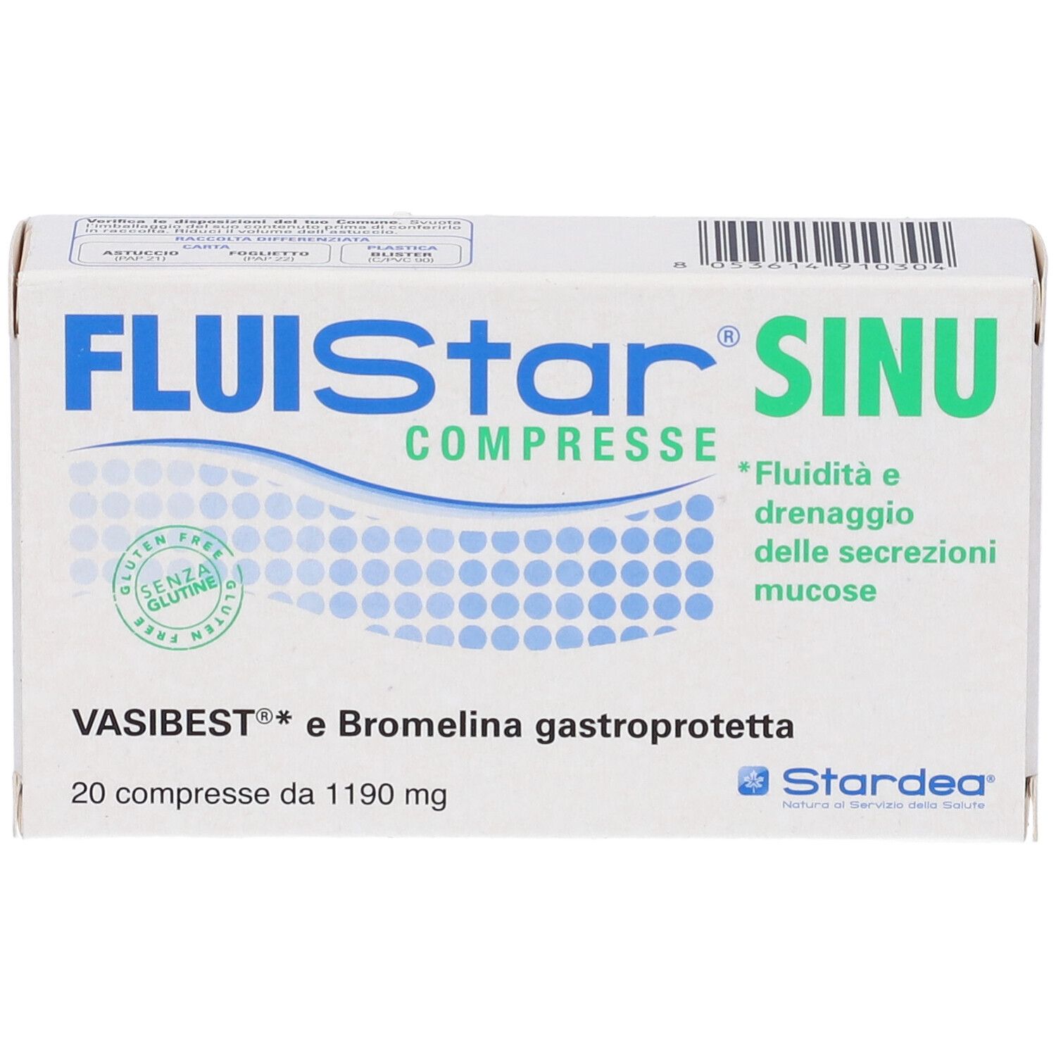 Scatola "Fluistar Sinu Compresse". Contiene 20 compresse. Sigillo senza glutine.