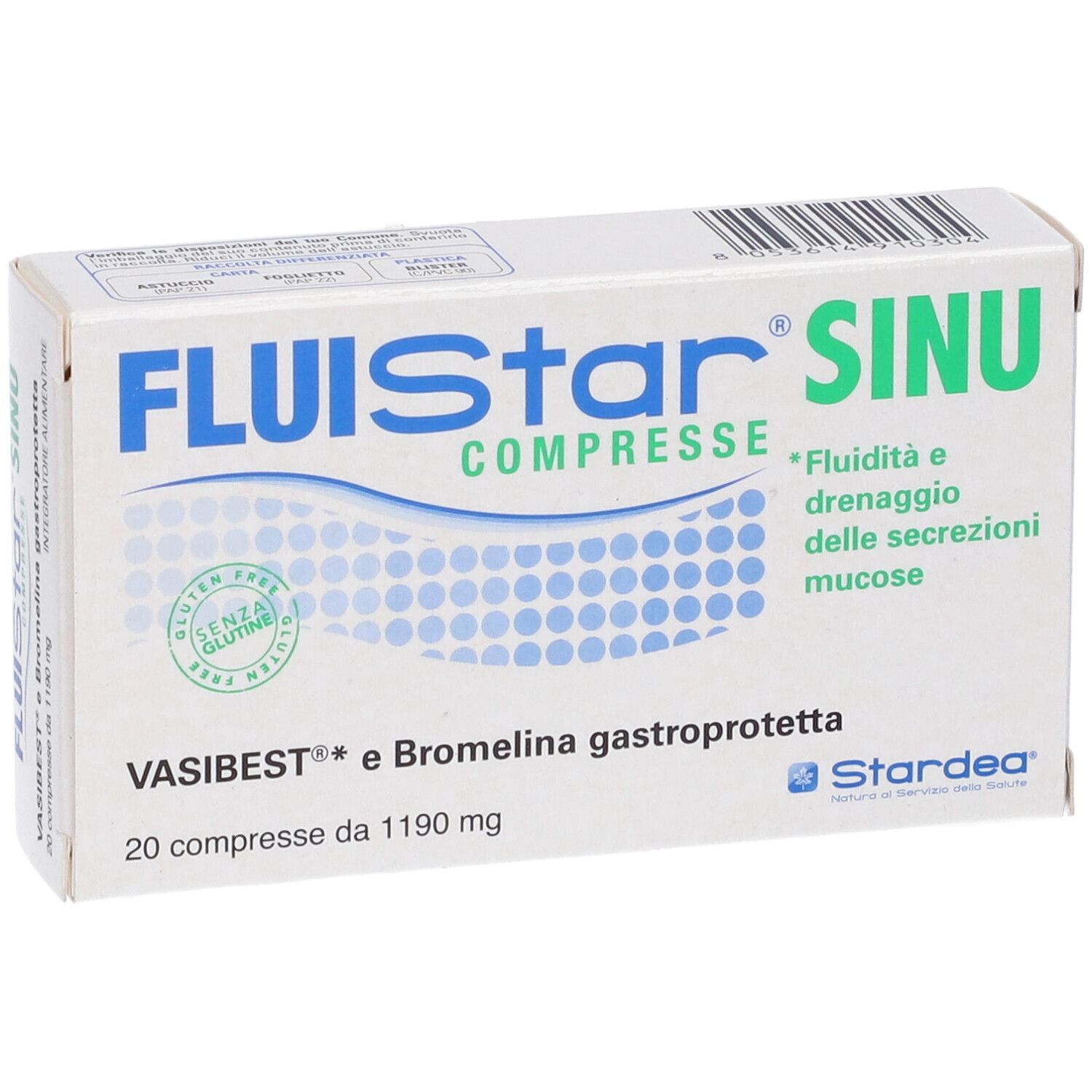 Scatola "Fluistar Sinu Compresse". Contiene 20 compresse. Sigillo senza glutine.