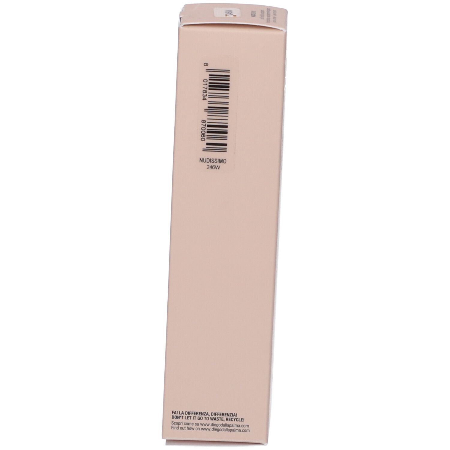Confezione beige con codice a barre e testo. Scritta Nudissimo.