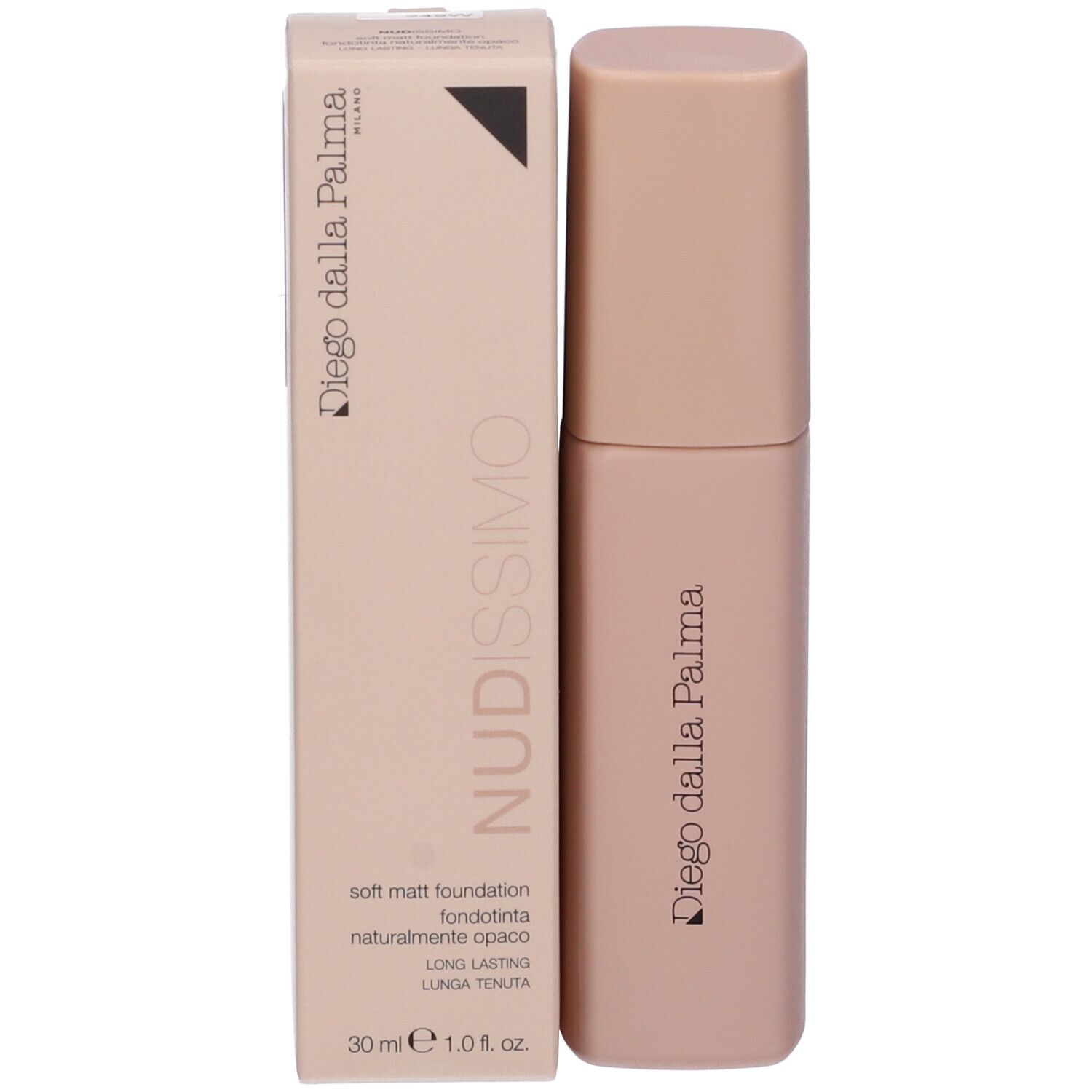 Flacone e confezione di fondotinta beige. Scritta: Nudissimo, Diego dalla Palma. Soft Matt Foundation.