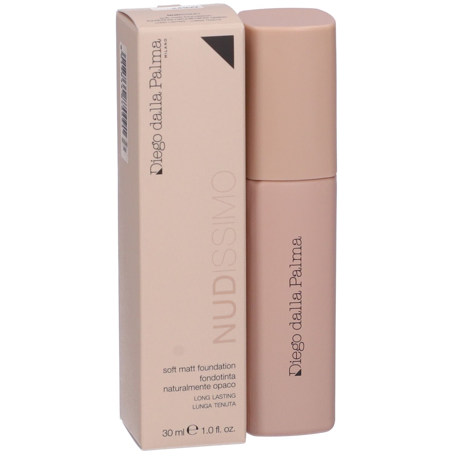 Flacone e confezione di fondotinta. Scritta: Nudissimo, Diego dalla Palma. Soft Matt Foundation.