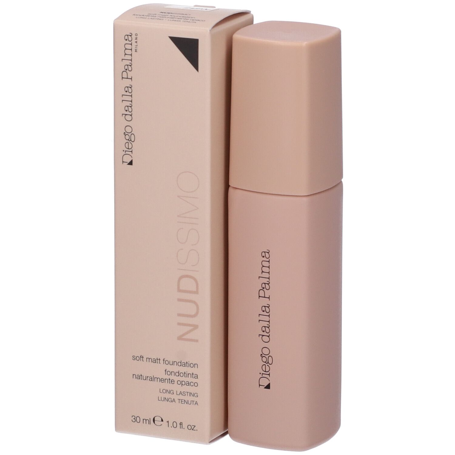 Flacone e confezione di fondotinta. Scritta: Nudissimo, Diego dalla Palma. Soft Matt Foundation.