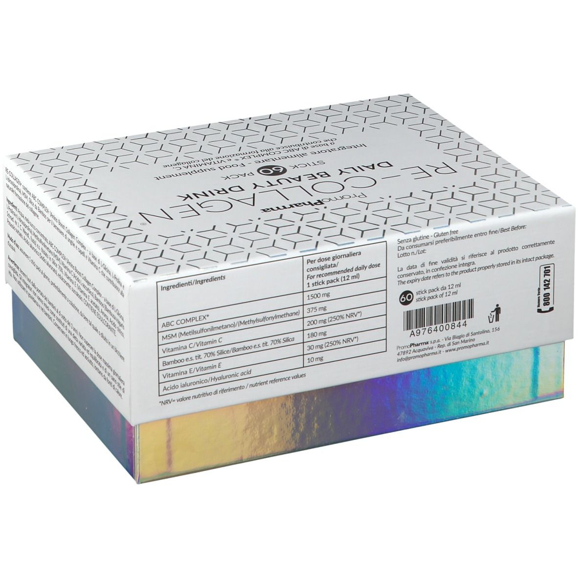 Scatola bianca con stampa del prodotto. Scritta: RE-COLLAGEN Daily Beauty Drink. Elenco degli ingredienti e valori nutrizionali.
