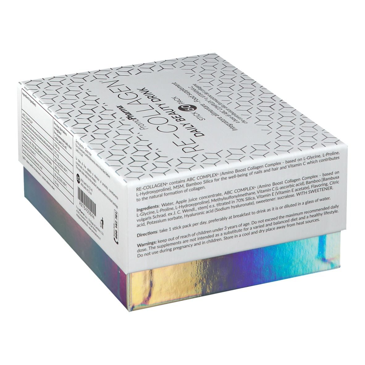 Scatola bianca con stampa del prodotto. Scritta: RE-COLLAGEN Daily Beauty Drink. Testo su ingredienti e utilizzo.