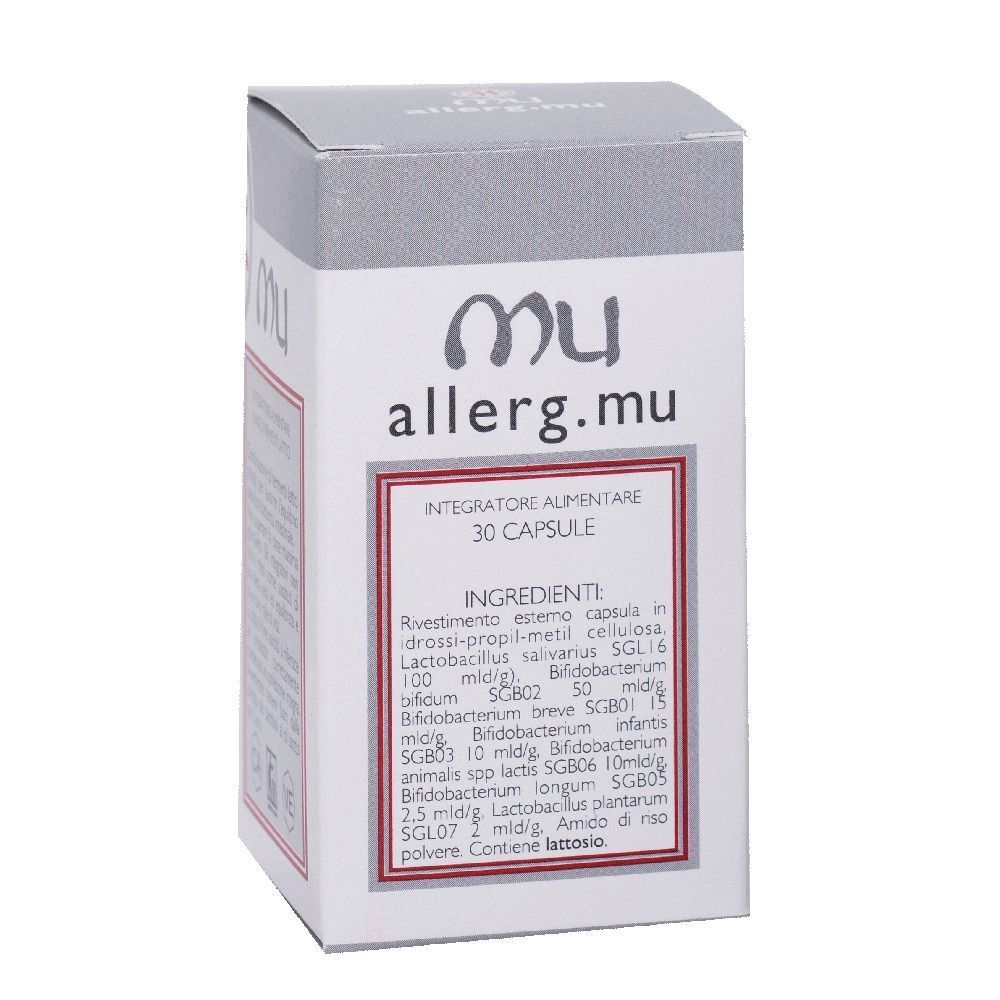 Scatola di capsule con logo "allerg.mu". Contiene 30 capsule. Testo: "Integratore Alimentare". Ingredienti e informazioni nutrizionali.