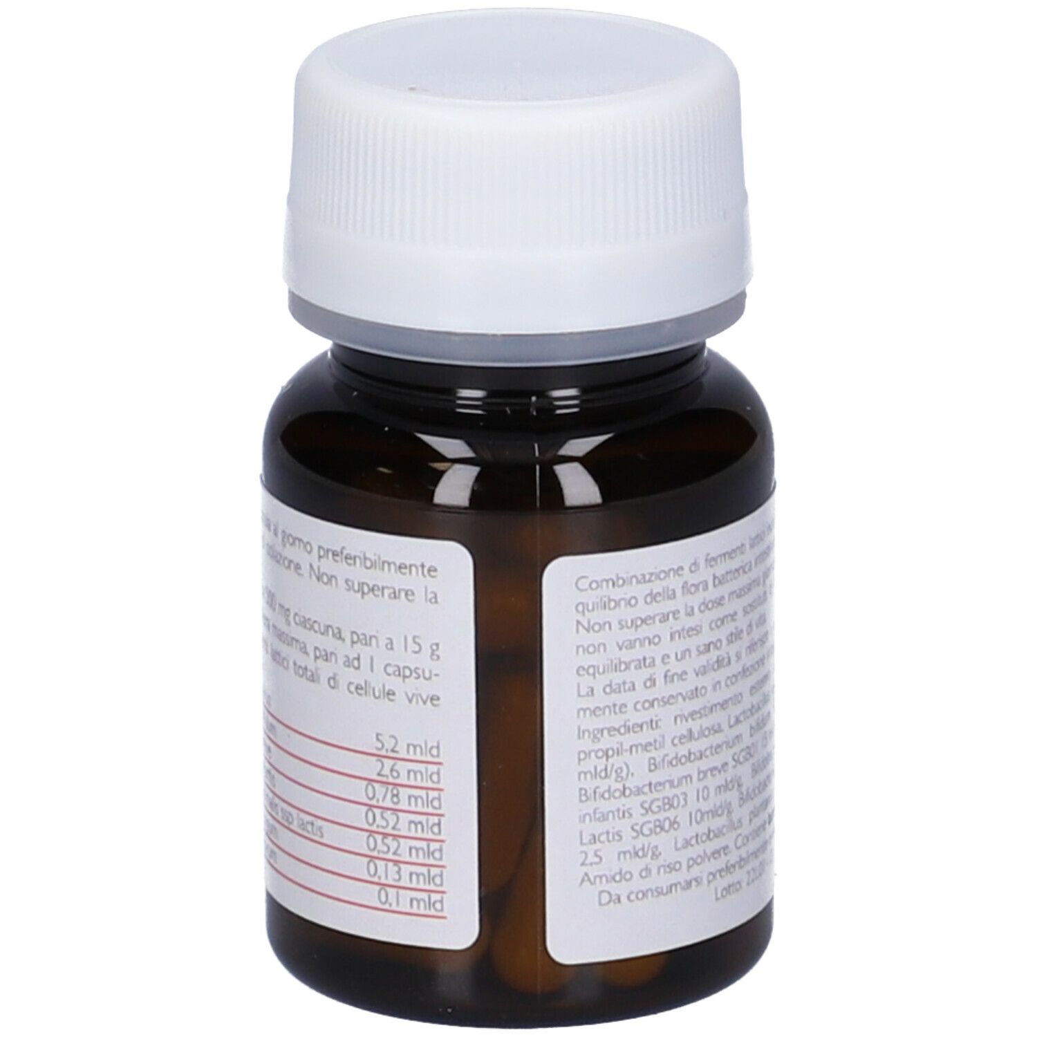 Flacone marrone con tappo bianco. Etichetta con ingredienti e informazioni nutrizionali. Contiene capsule.