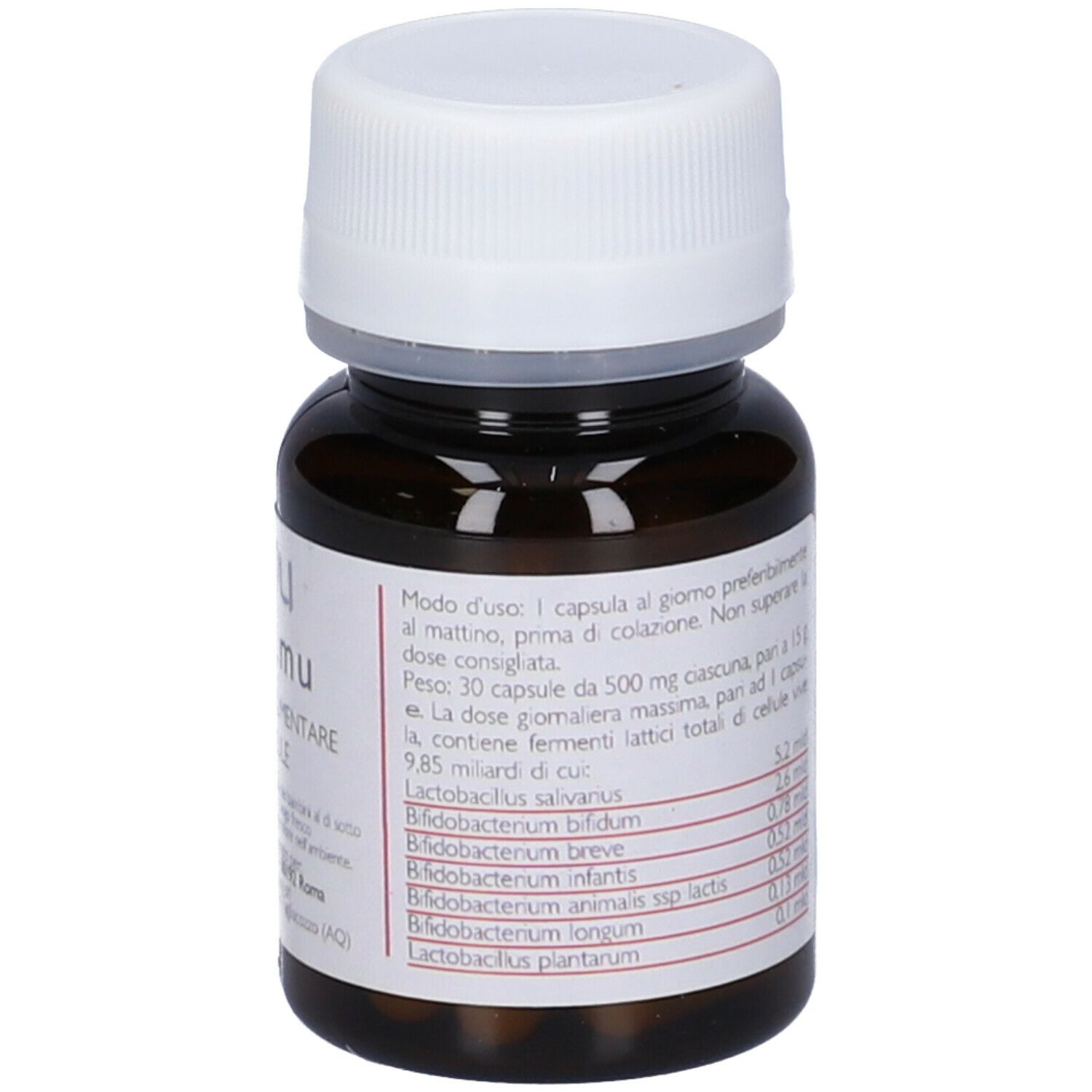 Flacone marrone con tappo bianco. Etichetta con istruzioni per l'uso e ingredienti. Contiene capsule.