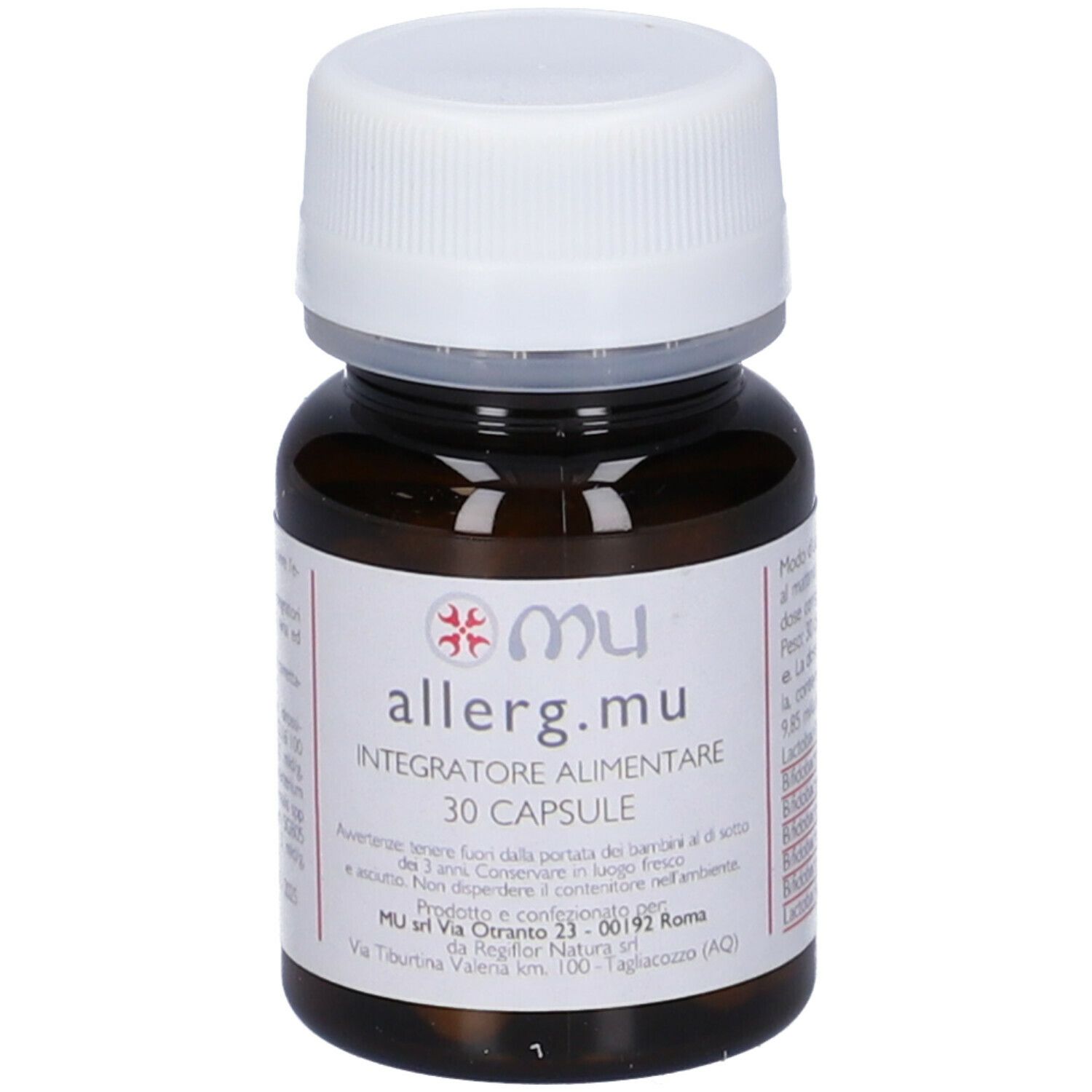 Flacone marrone con tappo bianco. Etichetta con nome prodotto "allerg.mu" e "Integratore Alimentare". Contiene 30 capsule.