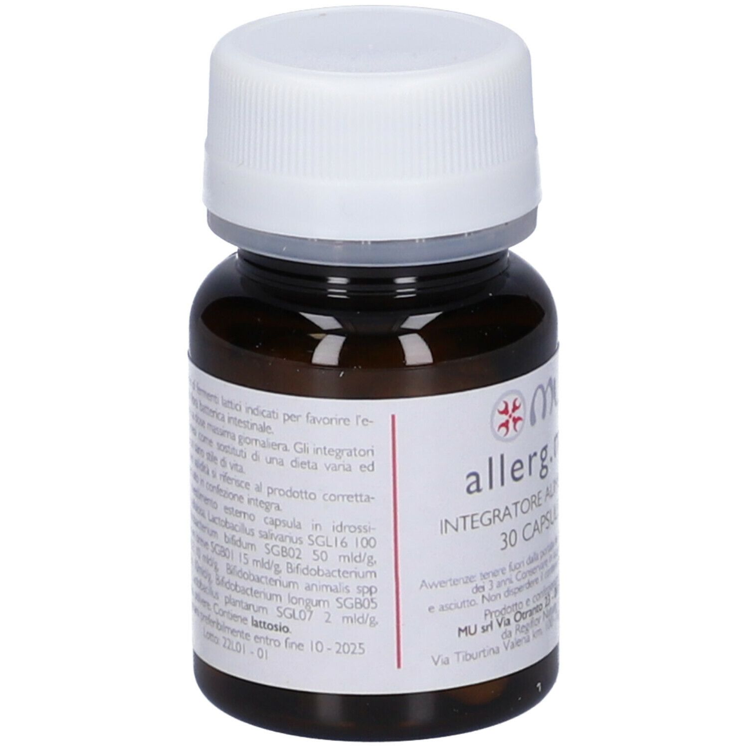 Flacone marrone con tappo bianco. Etichetta con nome prodotto "allerg.mu" e "Integratore Alimentare". Contiene 30 capsule.