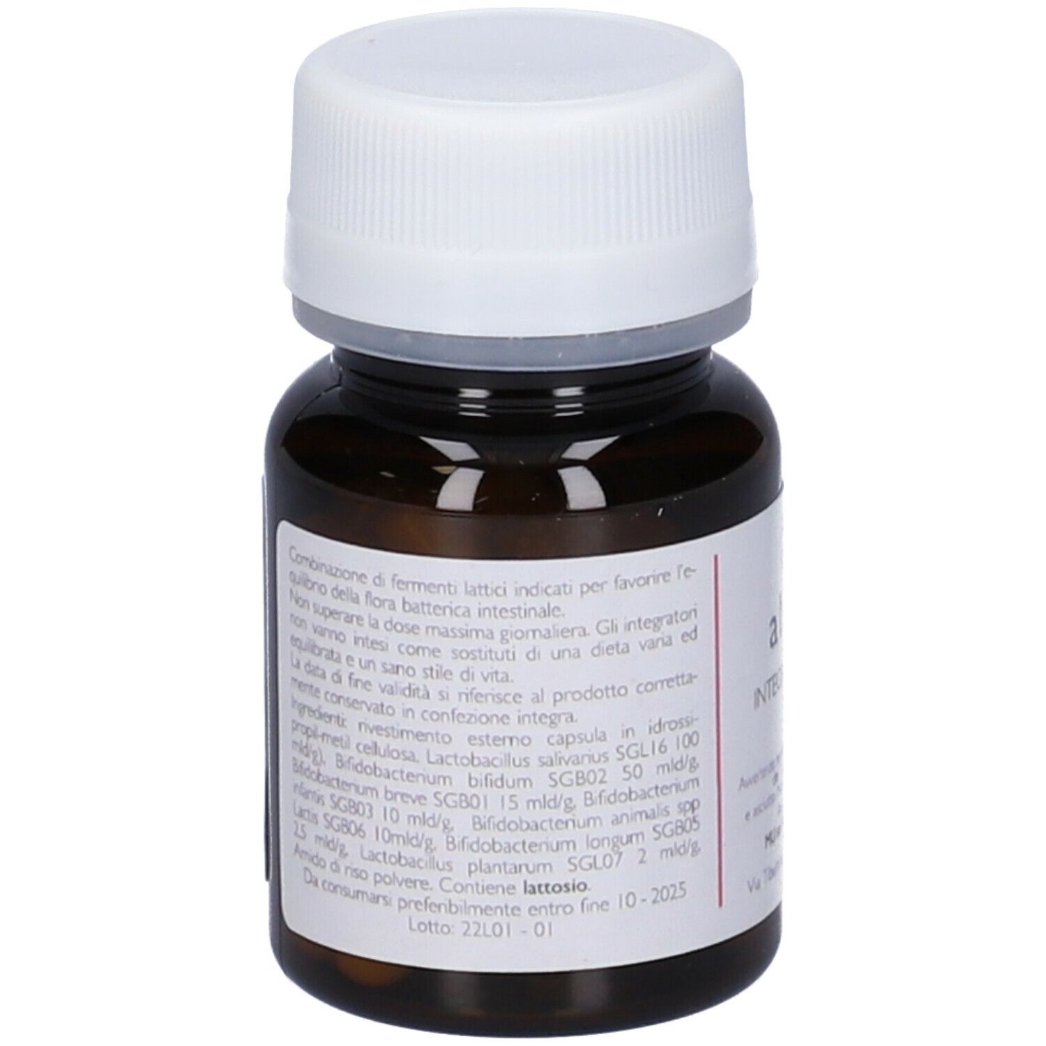 Flacone marrone con tappo bianco. Etichetta con ingredienti e informazioni nutrizionali. Contiene capsule.
