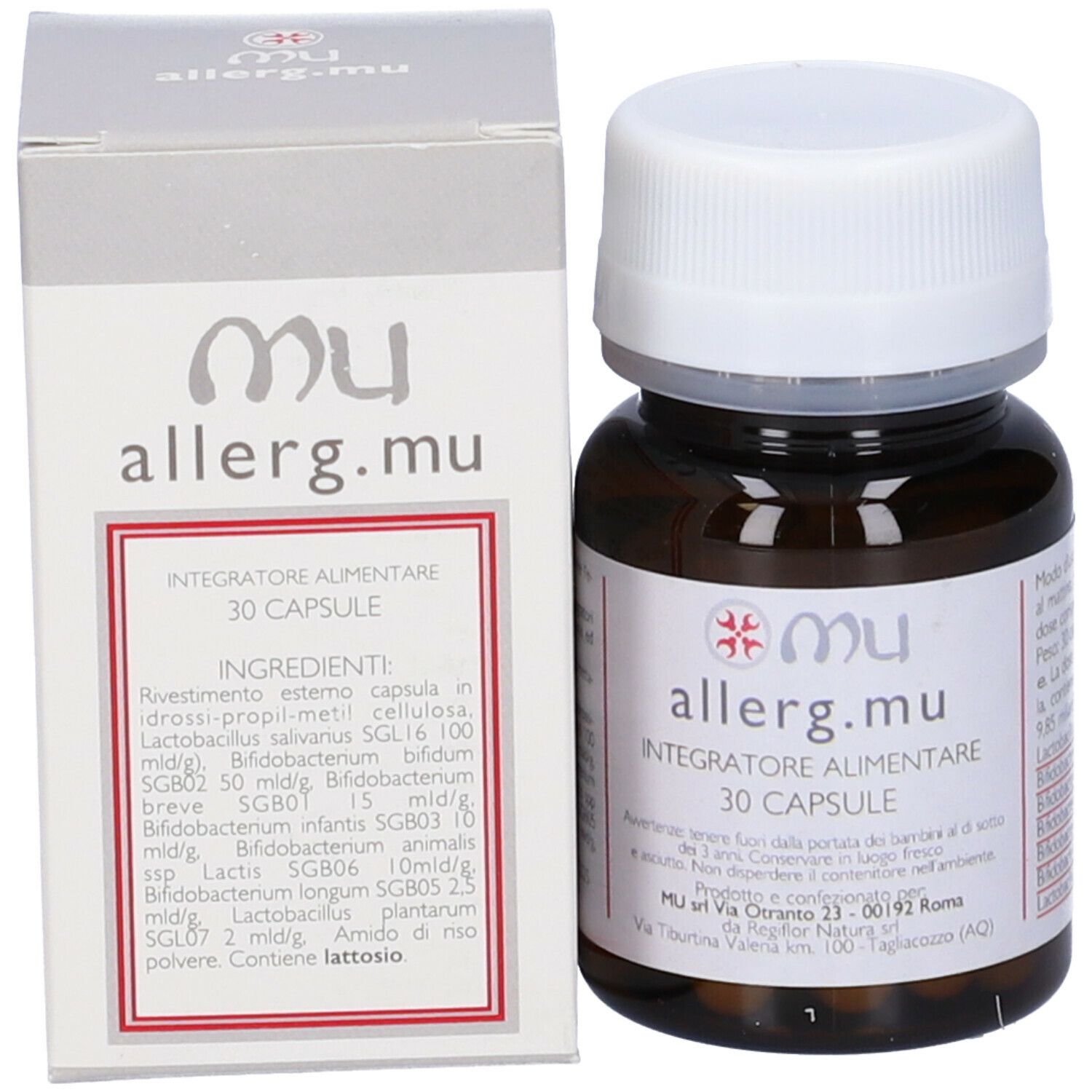 Flacone marrone e scatola. Flacone con tappo bianco, scatola con nome prodotto "allerg.mu". Contiene 30 capsule.