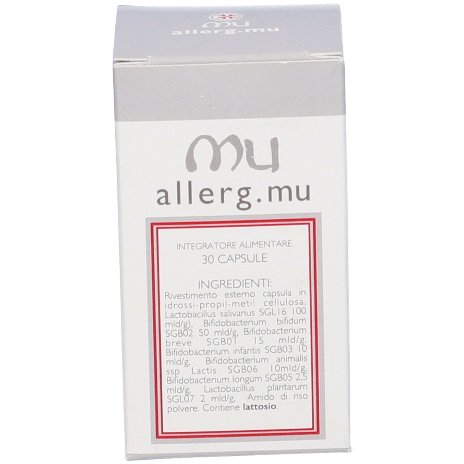 Scatola con nome prodotto "allerg.mu" e "Integratore Alimentare". Contiene 30 capsule. Ingredienti e informazioni nutrizionali.