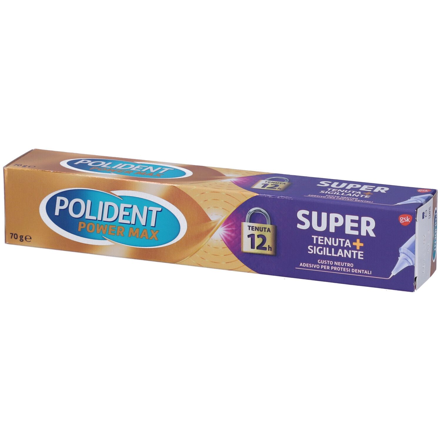 Scatola di cartone per adesivo per protesi dentali. Giallo-arancio e viola. Scritta: POLIDENT POWER MAX, SUPER TENUTA+ SIGILLANTE.