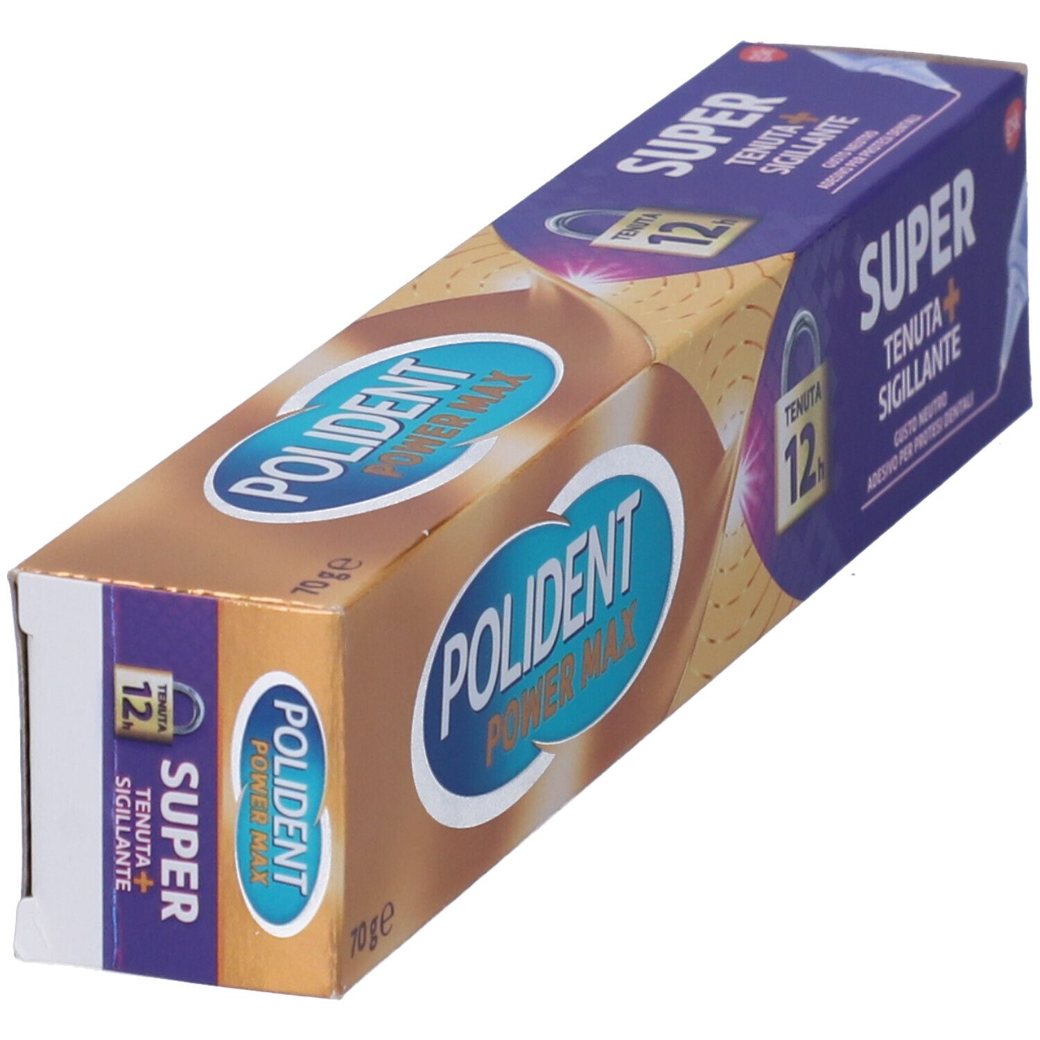 Scatola di cartone per adesivo per protesi dentali. Inclinata. Scritta: POLIDENT POWER MAX, SUPER TENUTA+ SIGILLANTE.