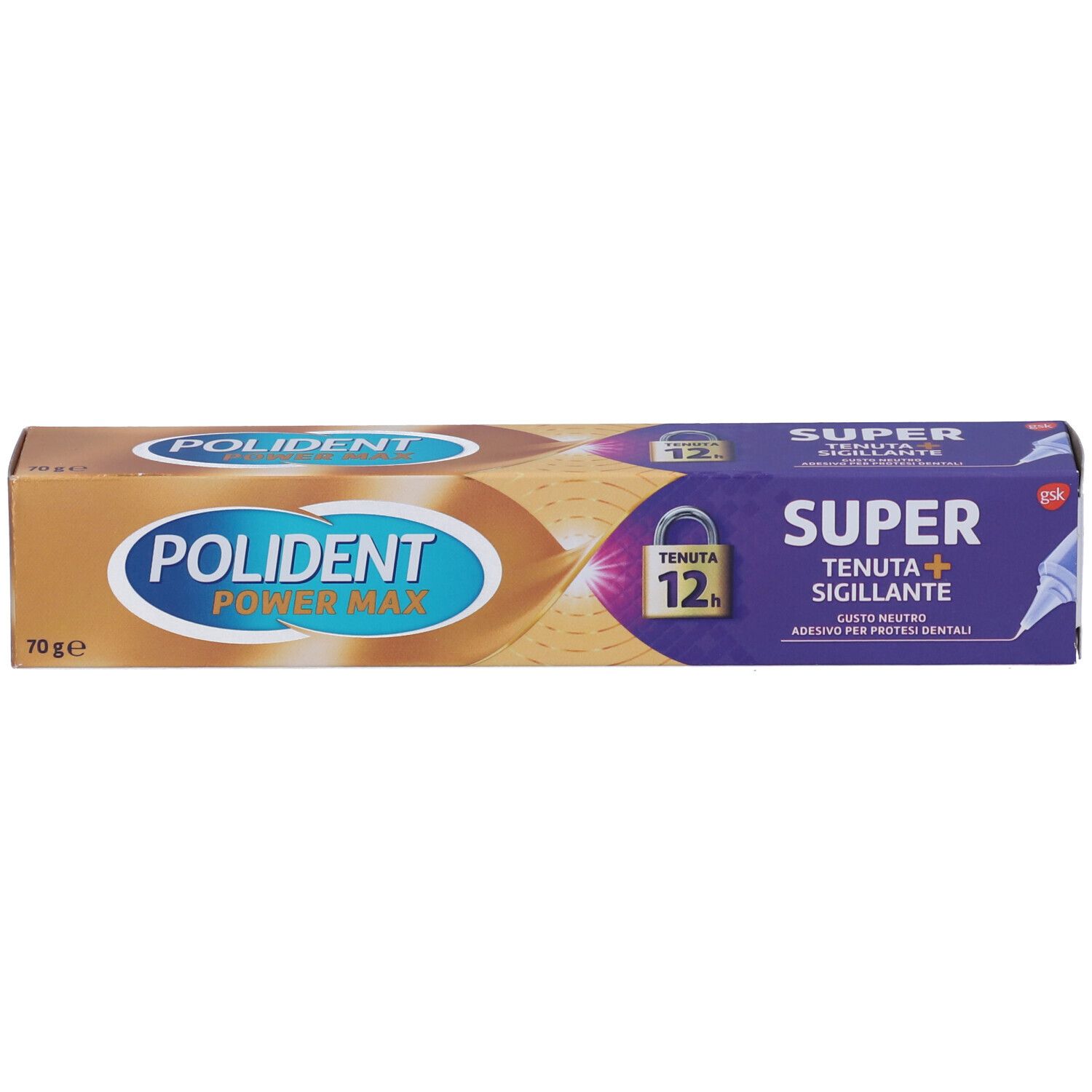 Scatola di cartone per adesivo per protesi dentali. Giallo-arancio e viola. Scritta: POLIDENT POWER MAX, SUPER TENUTA+ SIGILLANTE.