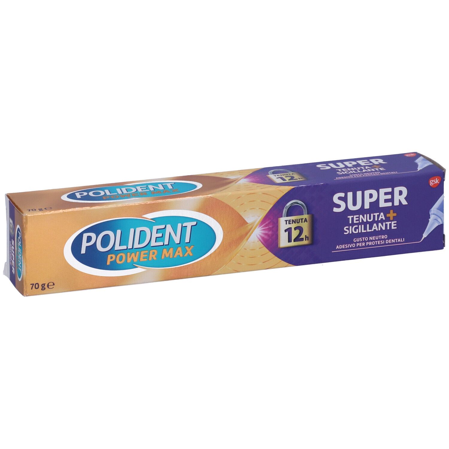 Tubo di adesivo per protesi dentali. Confezione giallo-arancio e viola. Scritta: POLIDENT POWER MAX, SUPER TENUTA+ SIGILLANTE.