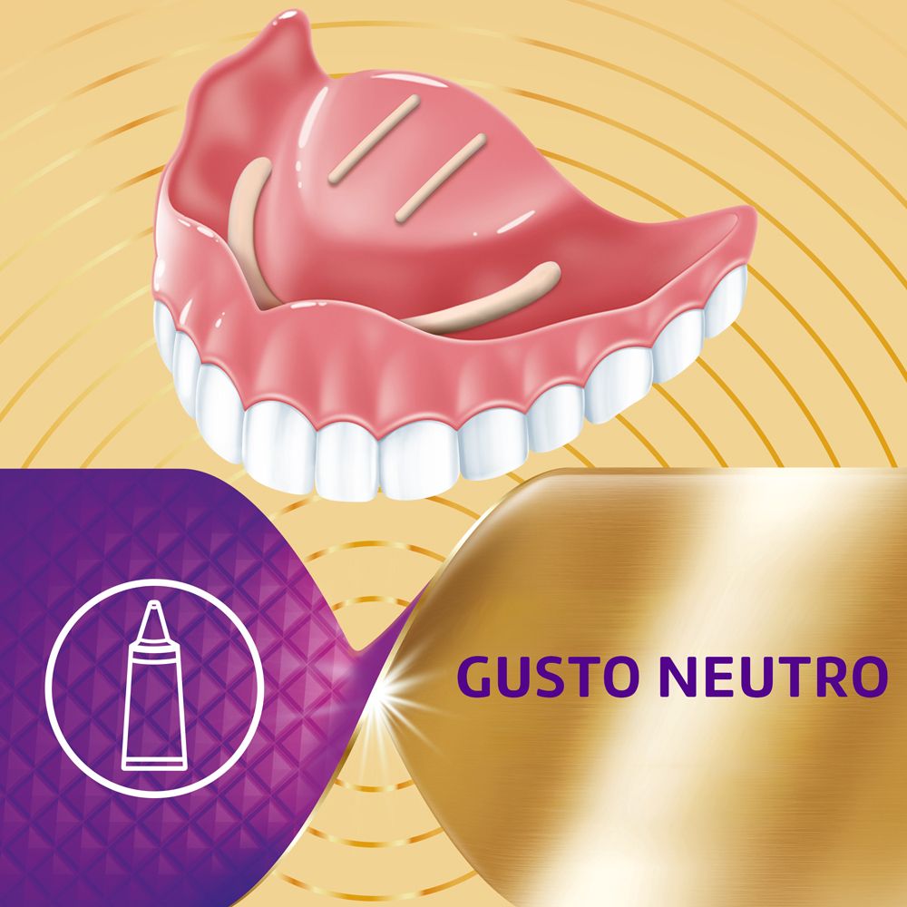 Zahnprothese. Text: Gusto Neutro. Grafik mit Tube.