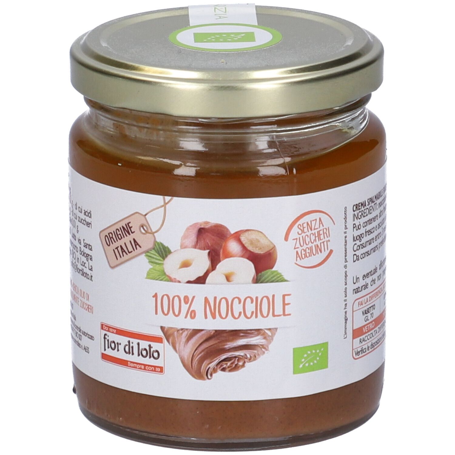 Vaso con scritta '100% Nocciole' e 'fior di loto'. Etichetta con illustrazioni di nocciole e indicazione 'Origine Italia'.