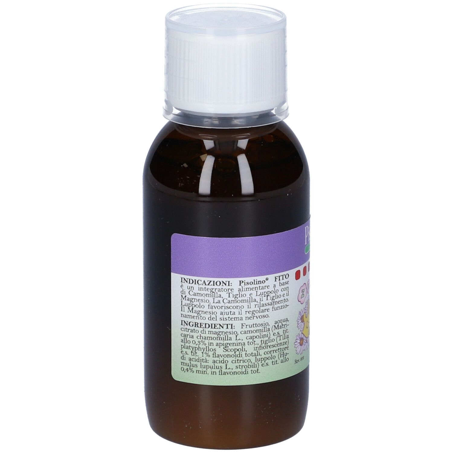 Flacone marrone con tappo bianco. Etichetta viola con informazioni sul prodotto. Testo in italiano.