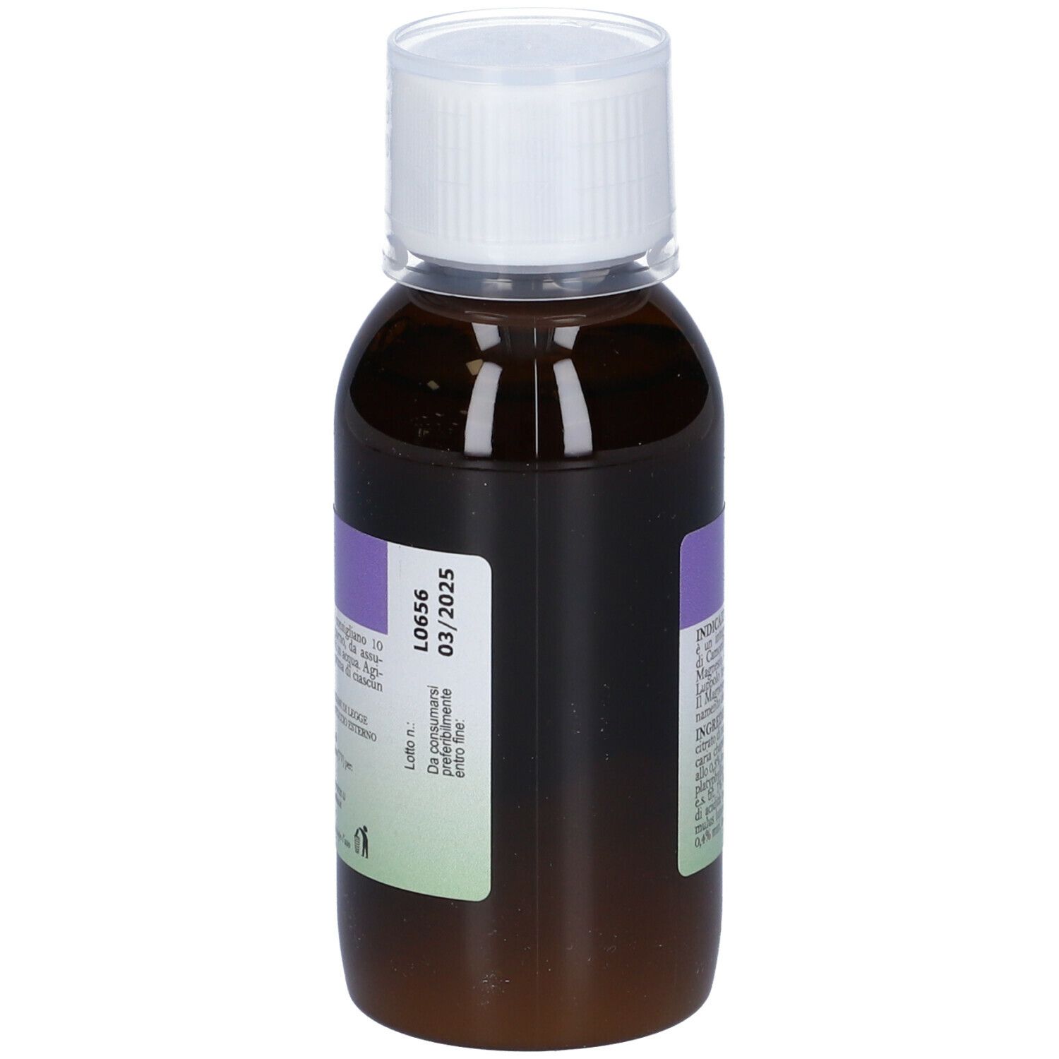 Flacone marrone con tappo bianco. Etichetta viola con data di scadenza. Testo in italiano.