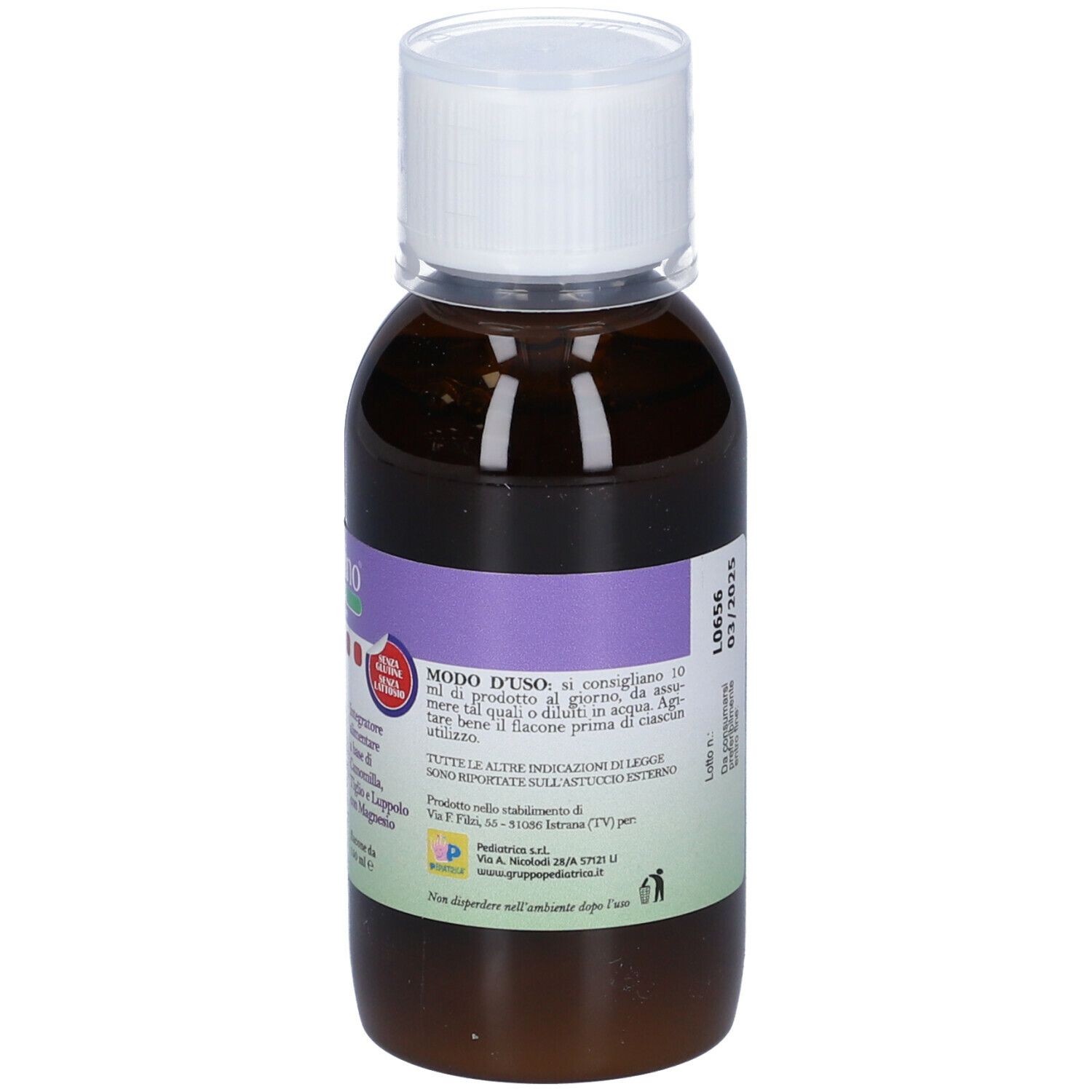 Flacone marrone con tappo bianco. Etichetta viola con istruzioni per l'uso. Testo in italiano.