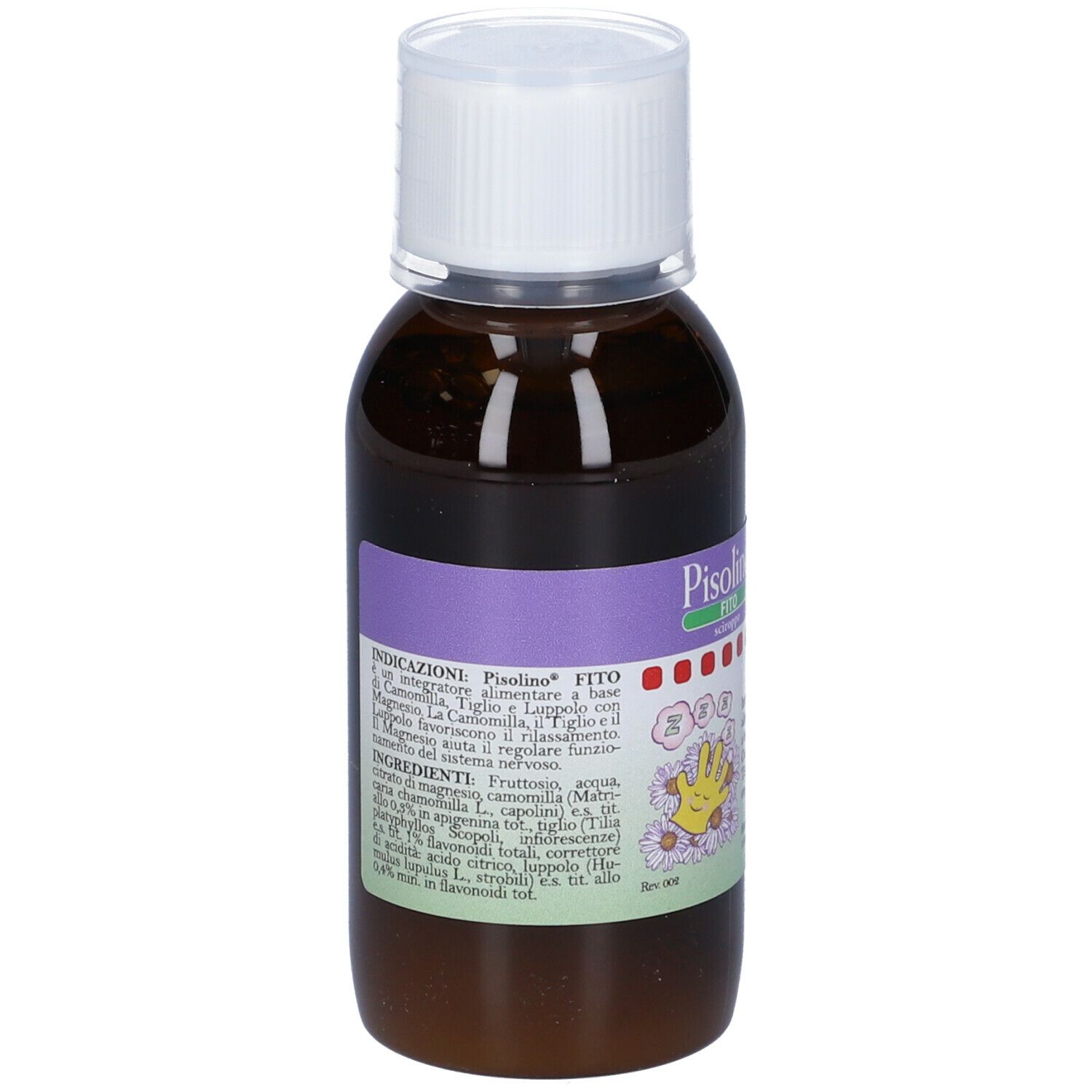 Flacone marrone con tappo bianco. Etichetta viola con informazioni sul prodotto. Testo in italiano.
