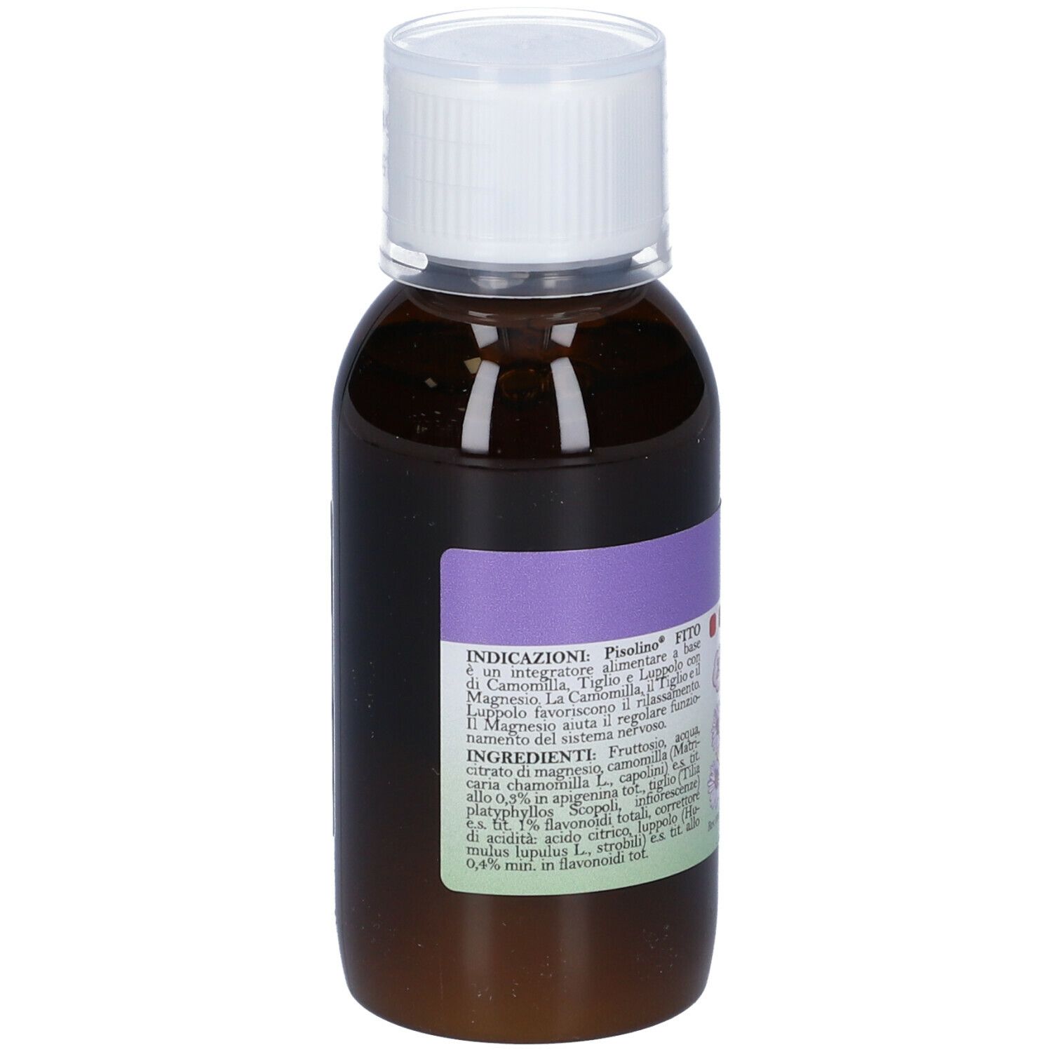 Flacone marrone con tappo bianco. Etichetta viola con informazioni sul prodotto. Testo in italiano.